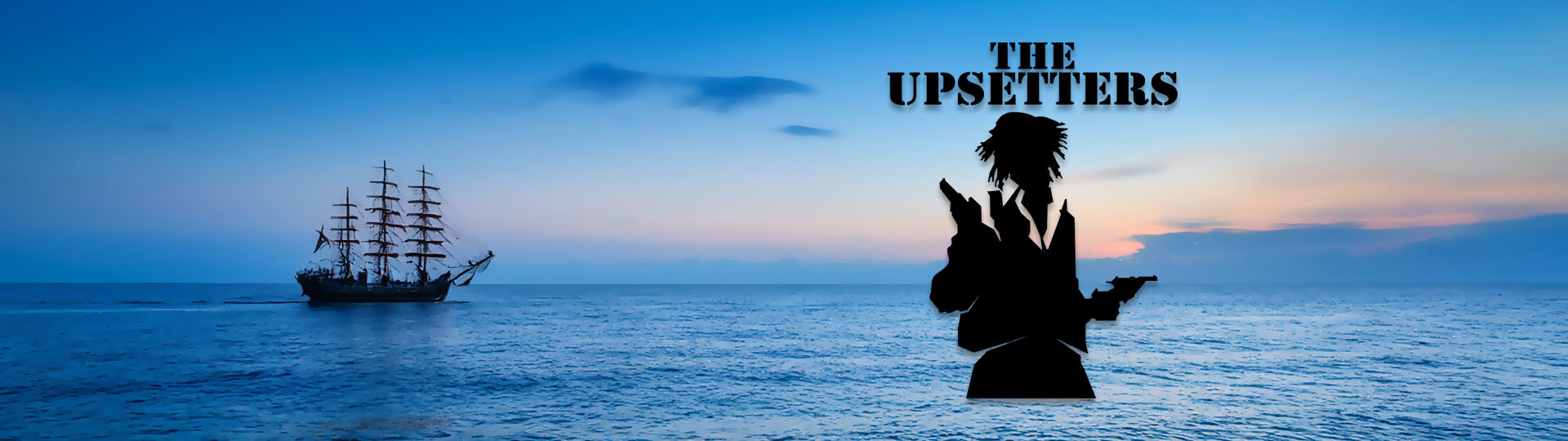 Silhouette of a tall sailing ship on a peaceful ocean at sunset with colorful sky, featuring the Upsetters logo overlay.