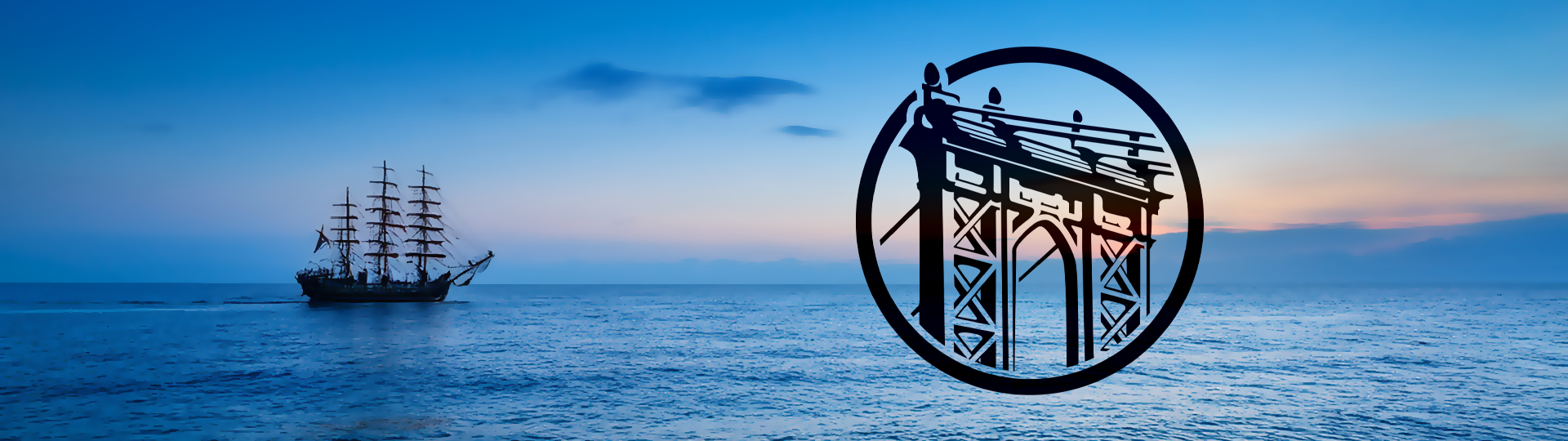 Silhouette of a tall sailing ship on a peaceful ocean at sunset with colorful sky, featuring the Drew Estate logo overlay.