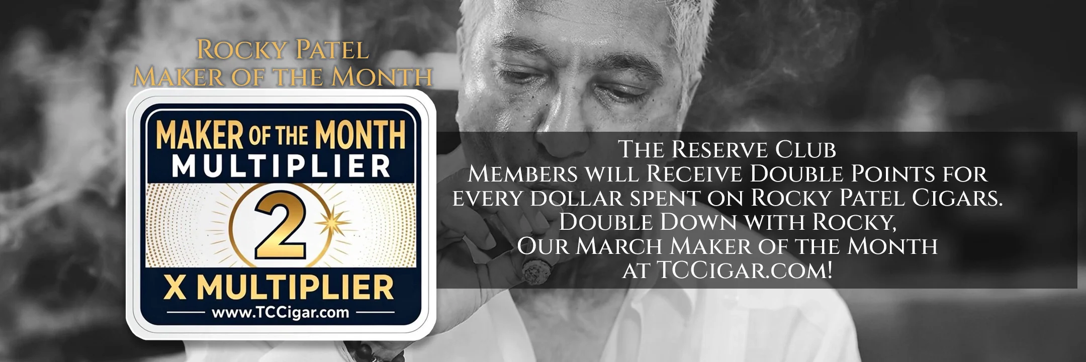A background image of Rocky Patel featuring the March 2026 Maker of the Month
