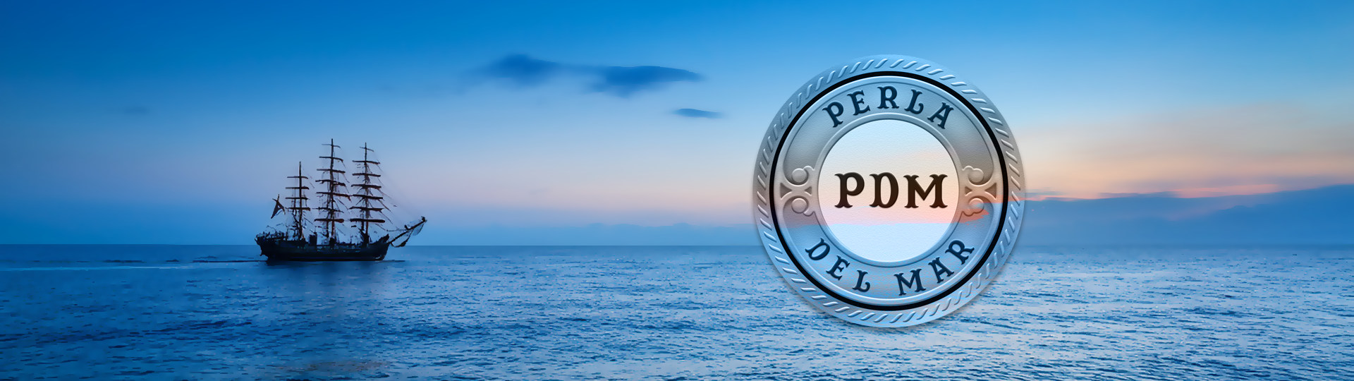 Silhouette of a tall sailing ship on a peaceful ocean at sunset with colorful sky, featuring the PDM logo overlay.