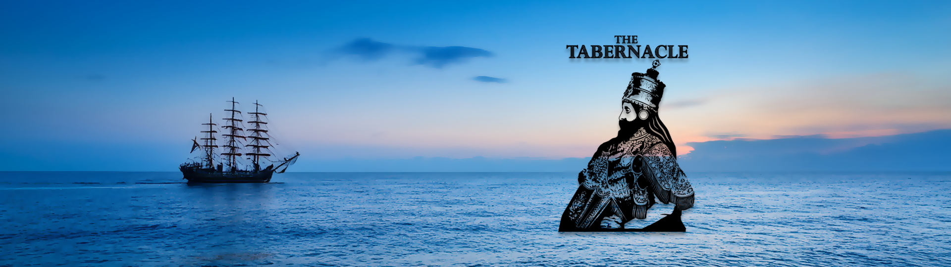 Silhouette of a tall sailing ship on a peaceful ocean at sunset with colorful sky, featuring the Tabernacle logo overlay.
