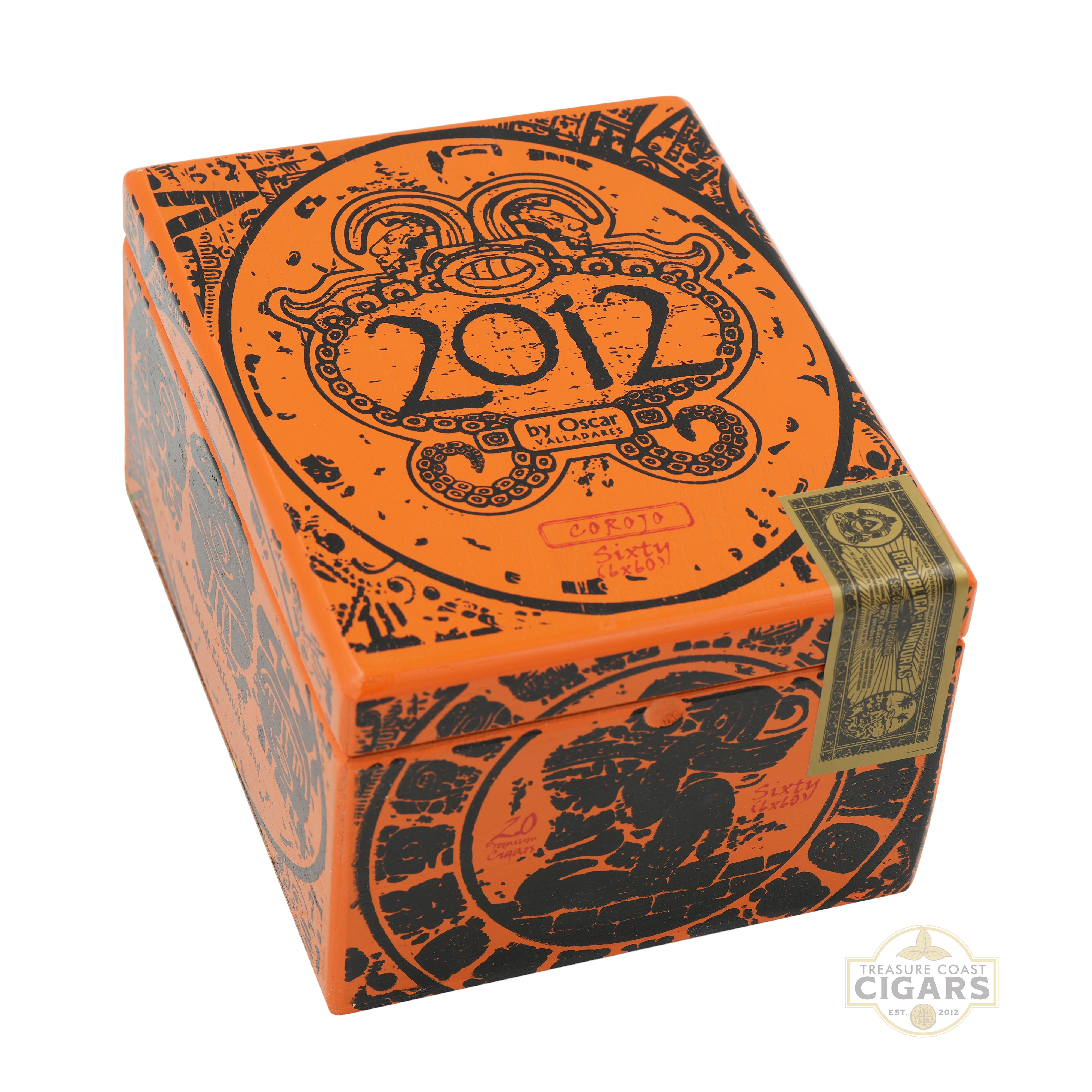 Orange and black cigar box with '2012 by Oscar' branding on a white background