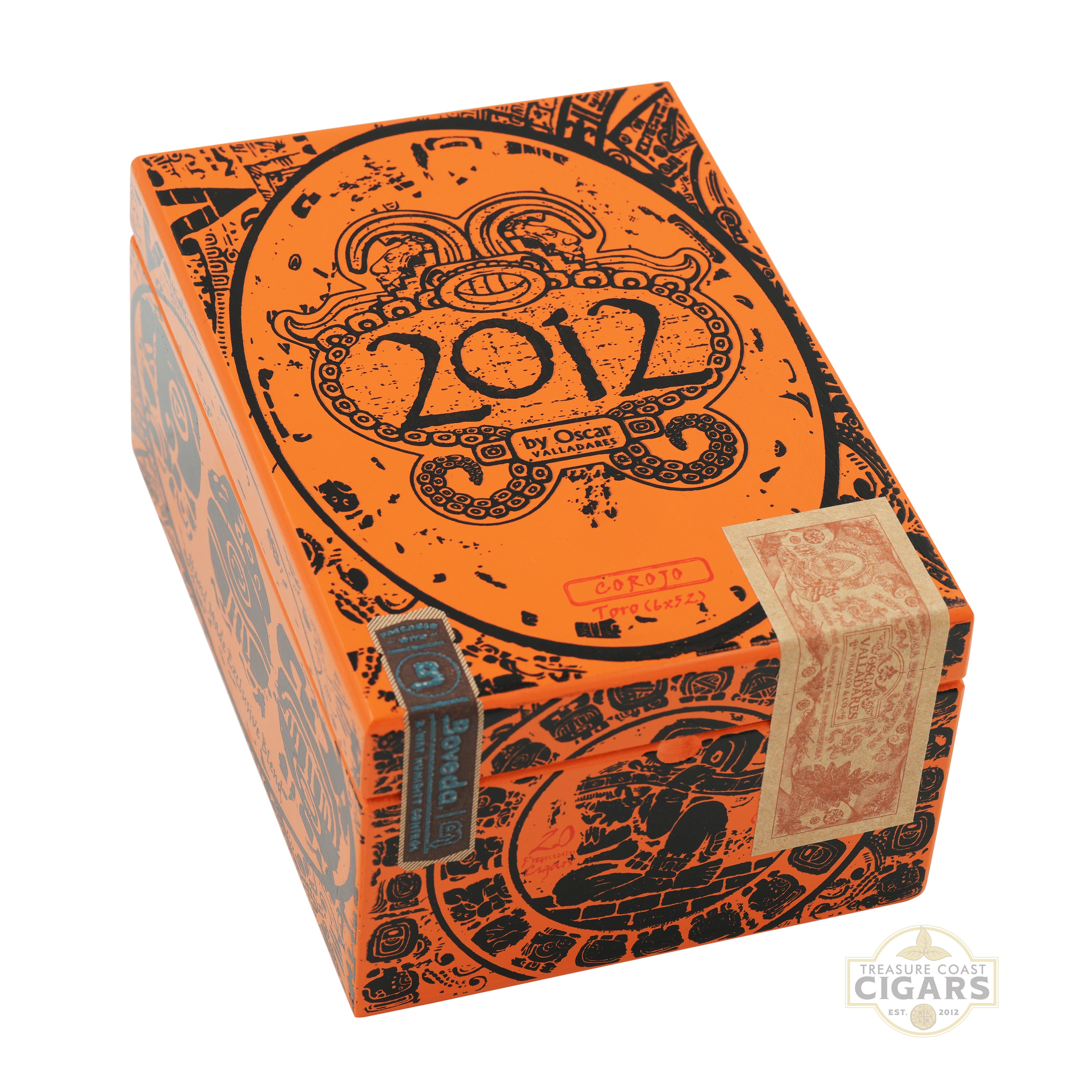 Cigar box with '2012' branding on an orange and black patterned background