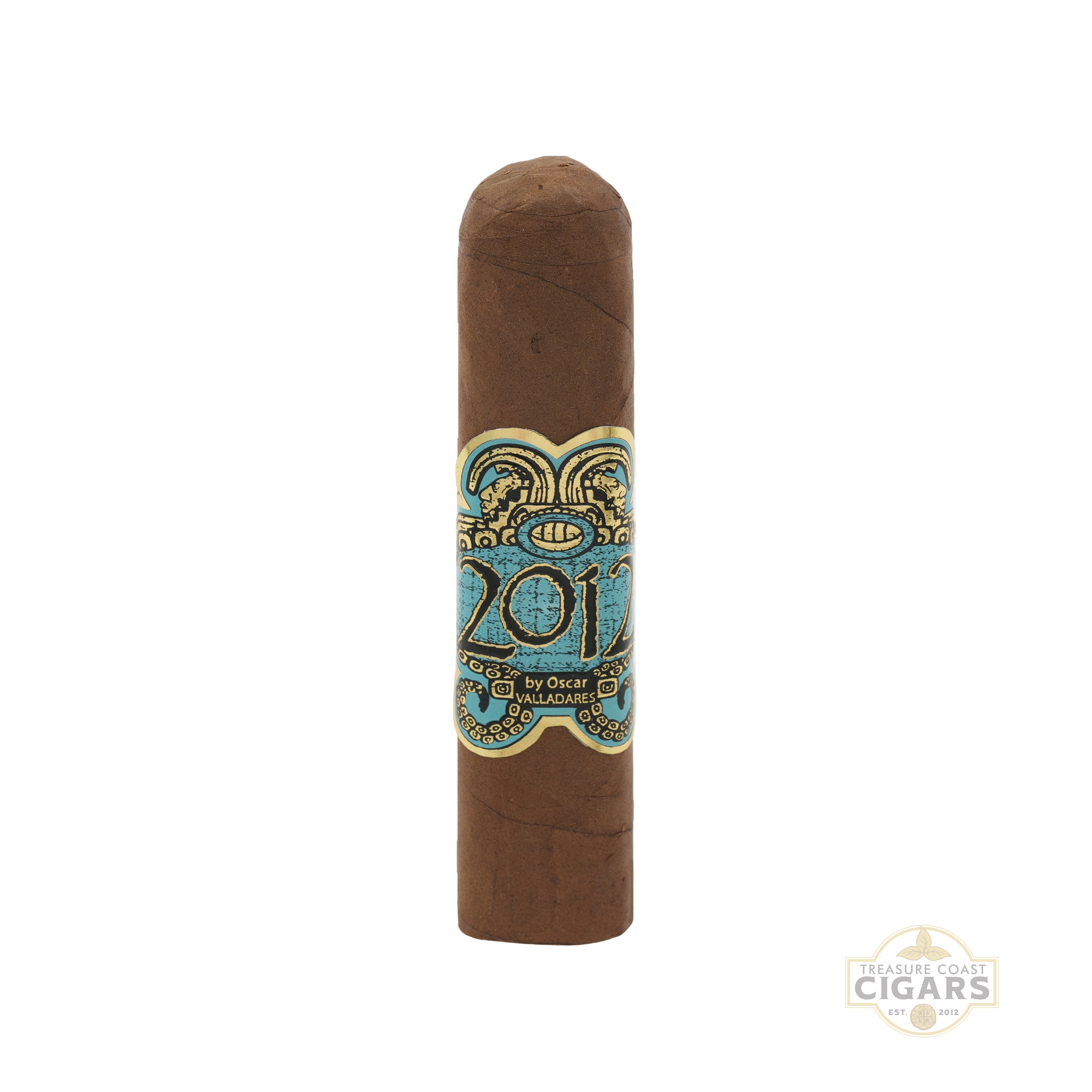 Cigar with a decorative band featuring the number '2012' on a white background