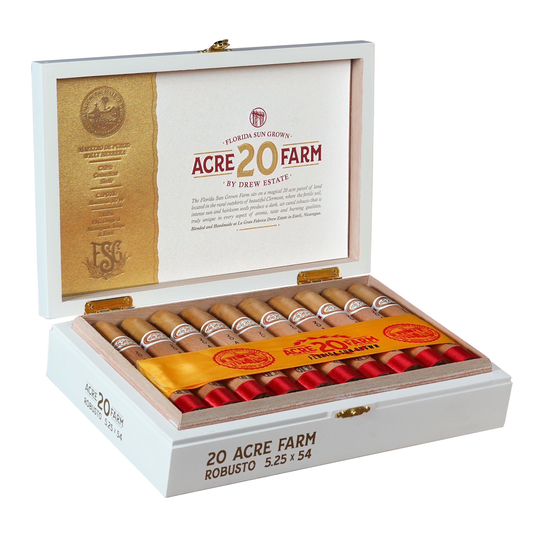 Open box of Acre 20 Farm Robusto cigars with cigars inside on a white background