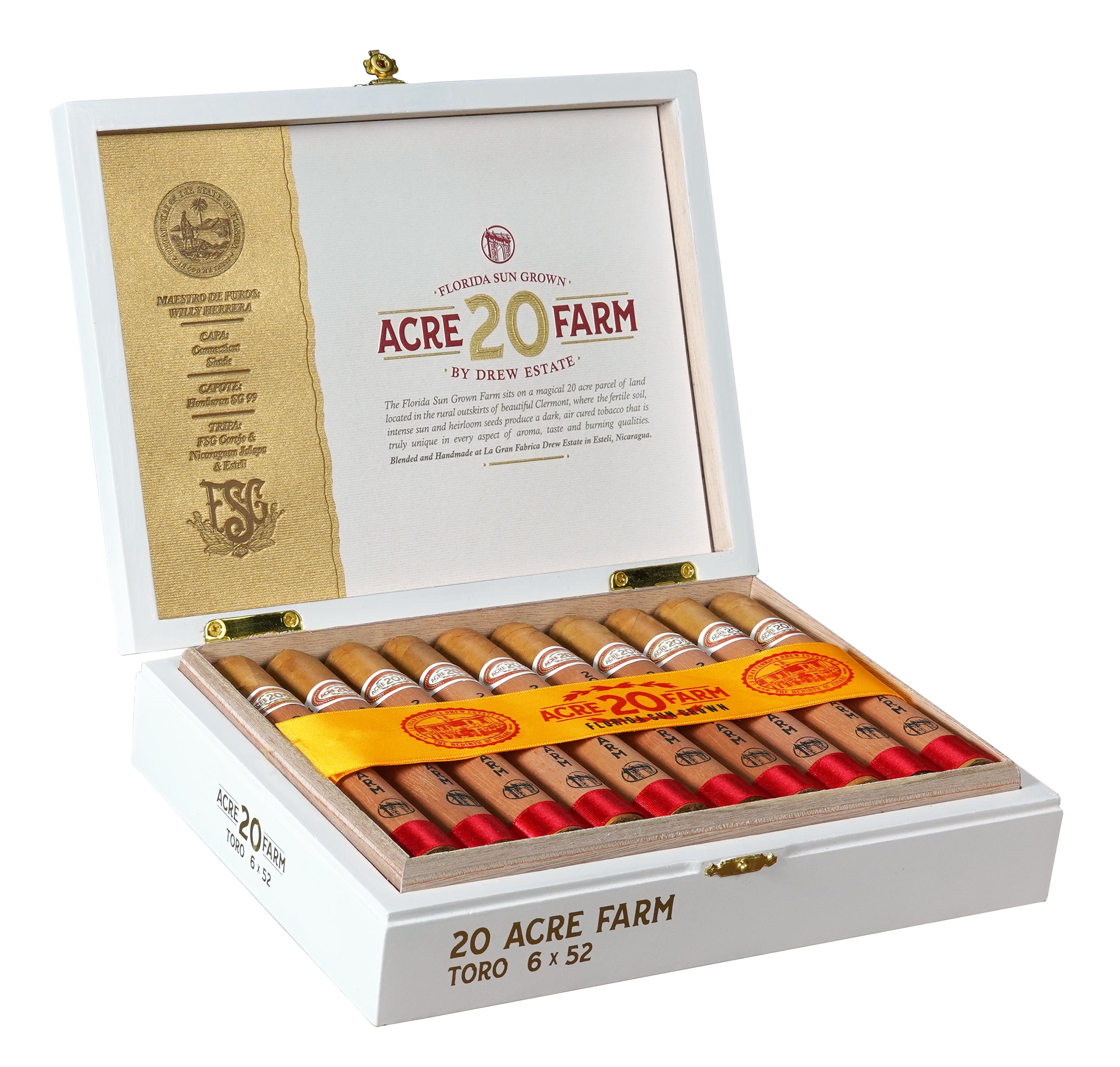 This image shows an open box of 20 Acre Farm cigars, featuring a premium design with a gold and white interior and a yellow band displaying the brand logo. The box contains neatly arranged Toro 6 x 52 cigars, each wrapped with a red and white label, highlighting their Florida Sun Grown origin by Drew Esate. The packaging includes detailed branding and a certificate-like insert, emphasizing the craftsmanship and quality of the product.