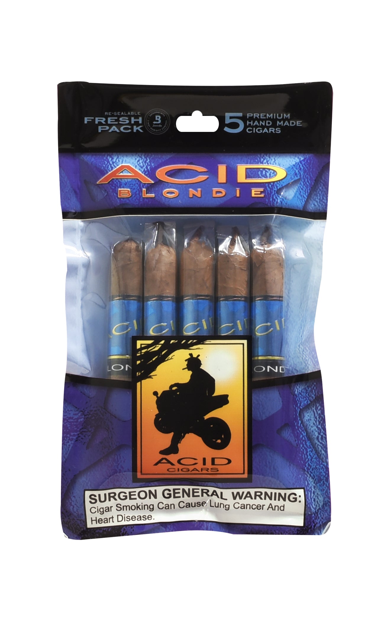 Fresh Pack of Acid Blondie cigars with warning label on a white background