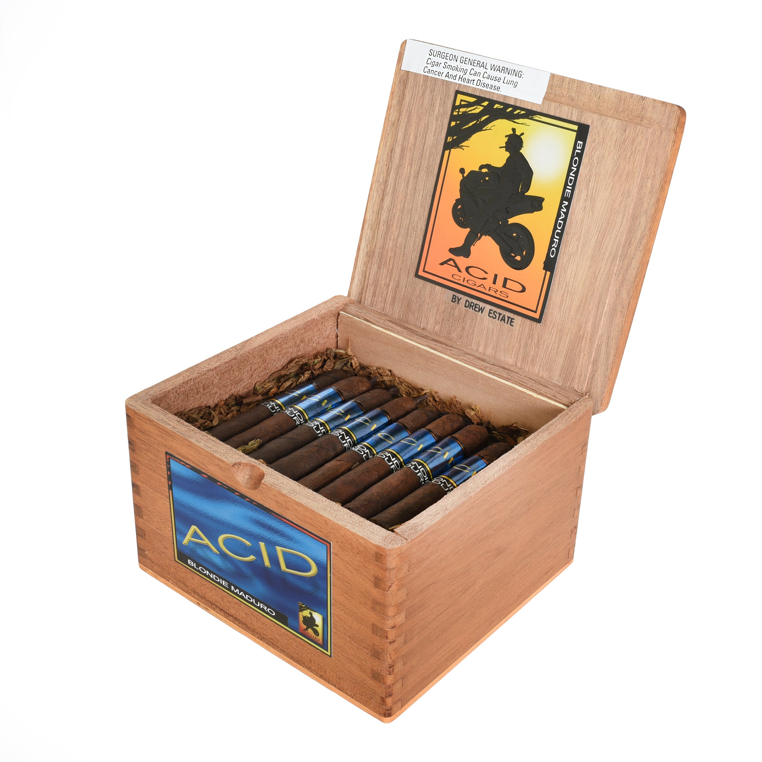 Open wooden box of Acid cigars with cigars inside and a visible label on a white background