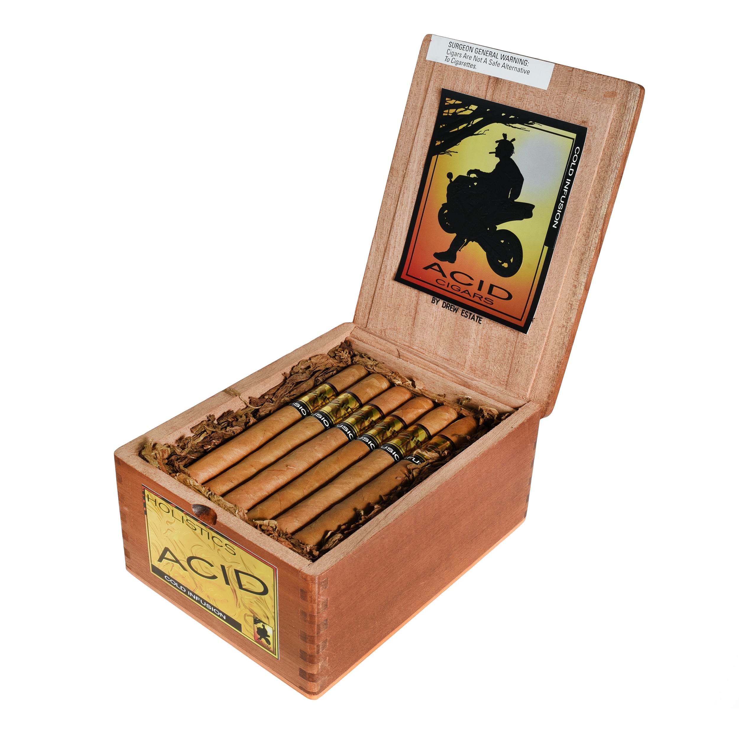 Open wooden box of Acid Cold Infusion cigars with single cigars inside on a white background
