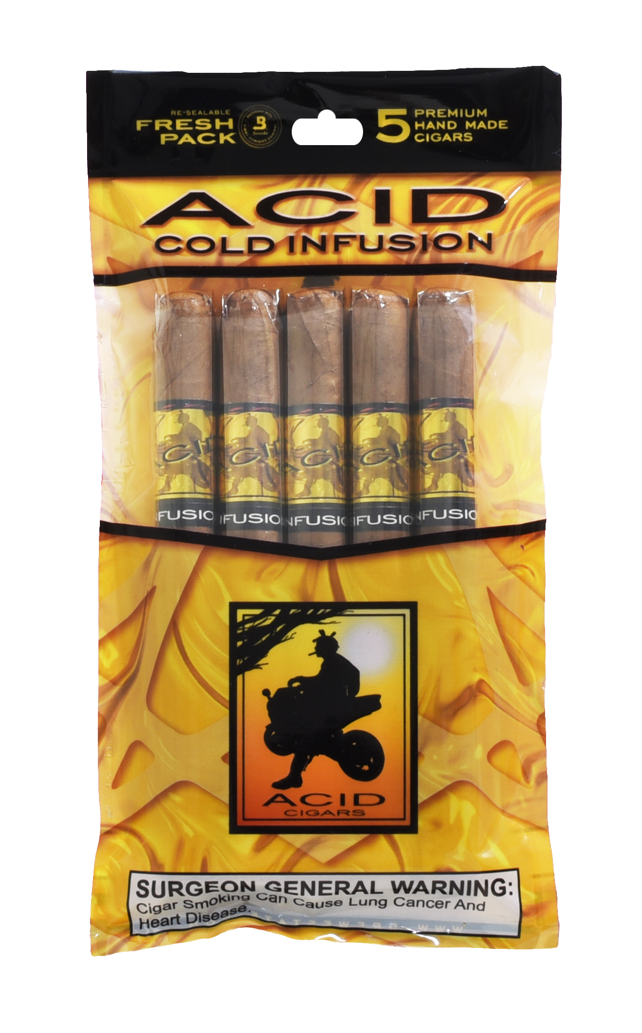 Pack of Acid Gold Infusion cigars with branding and warning label on a white background