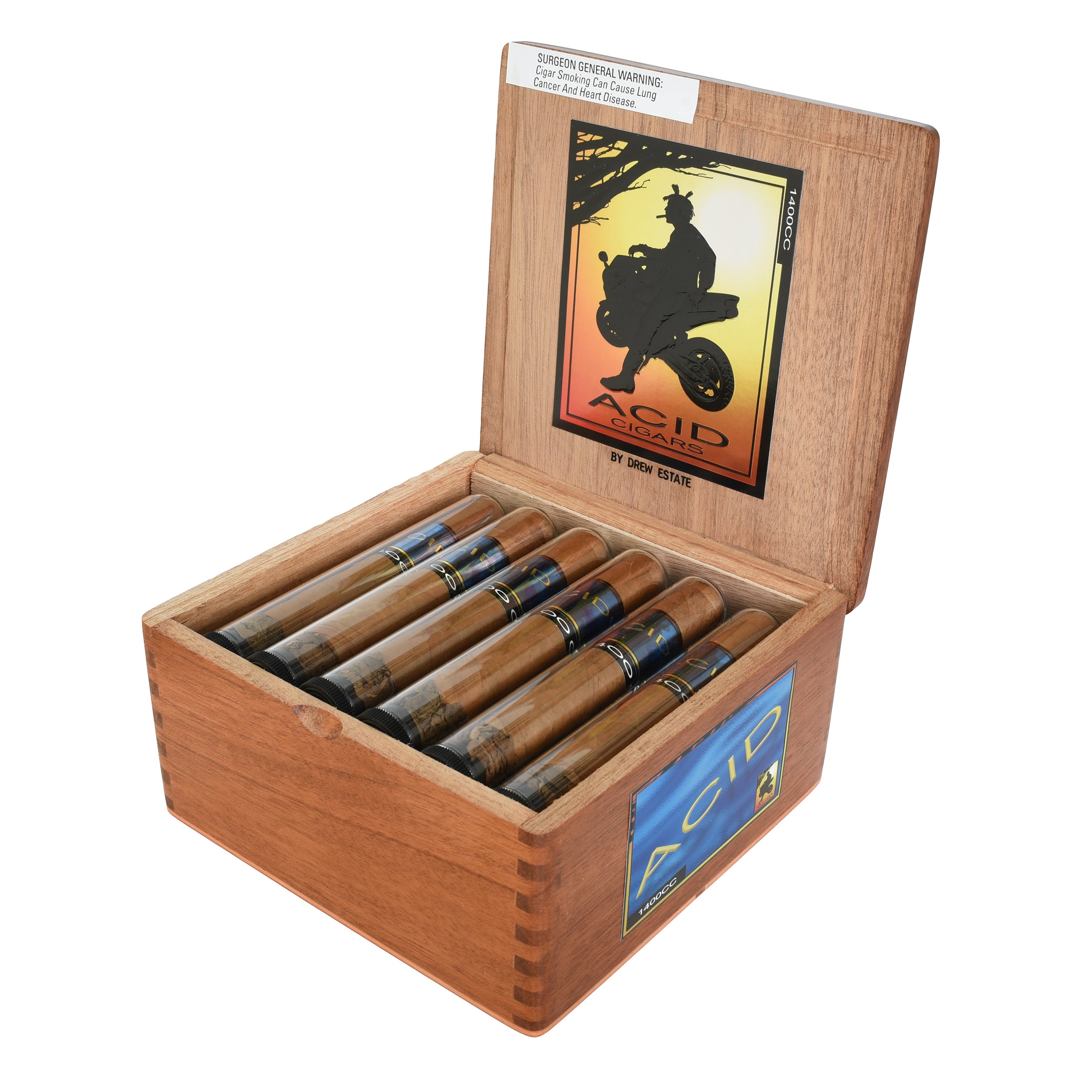 Open wooden box of cigars with 'ACID' branding on a white background