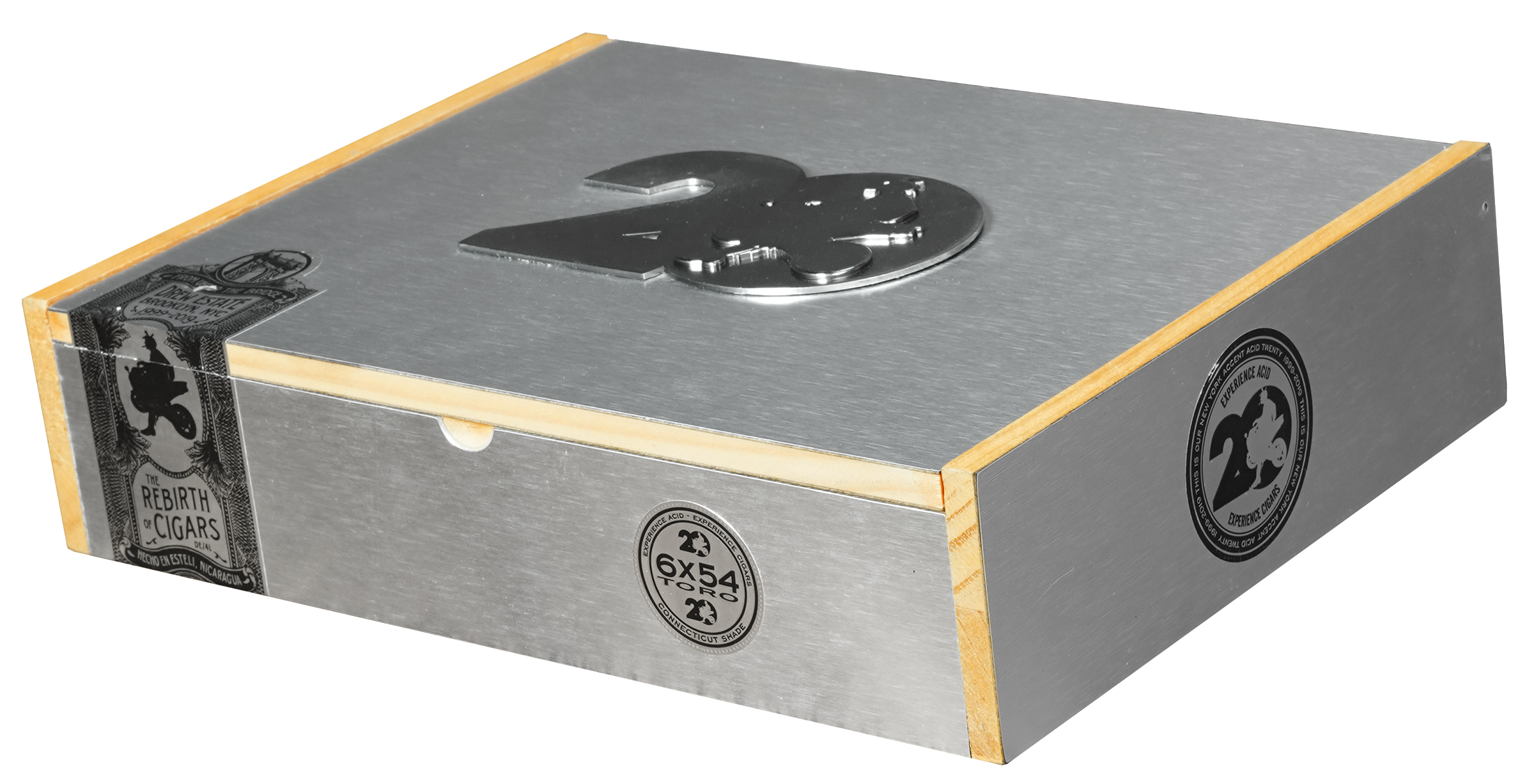 Silver cigar box with brand logos on a white background