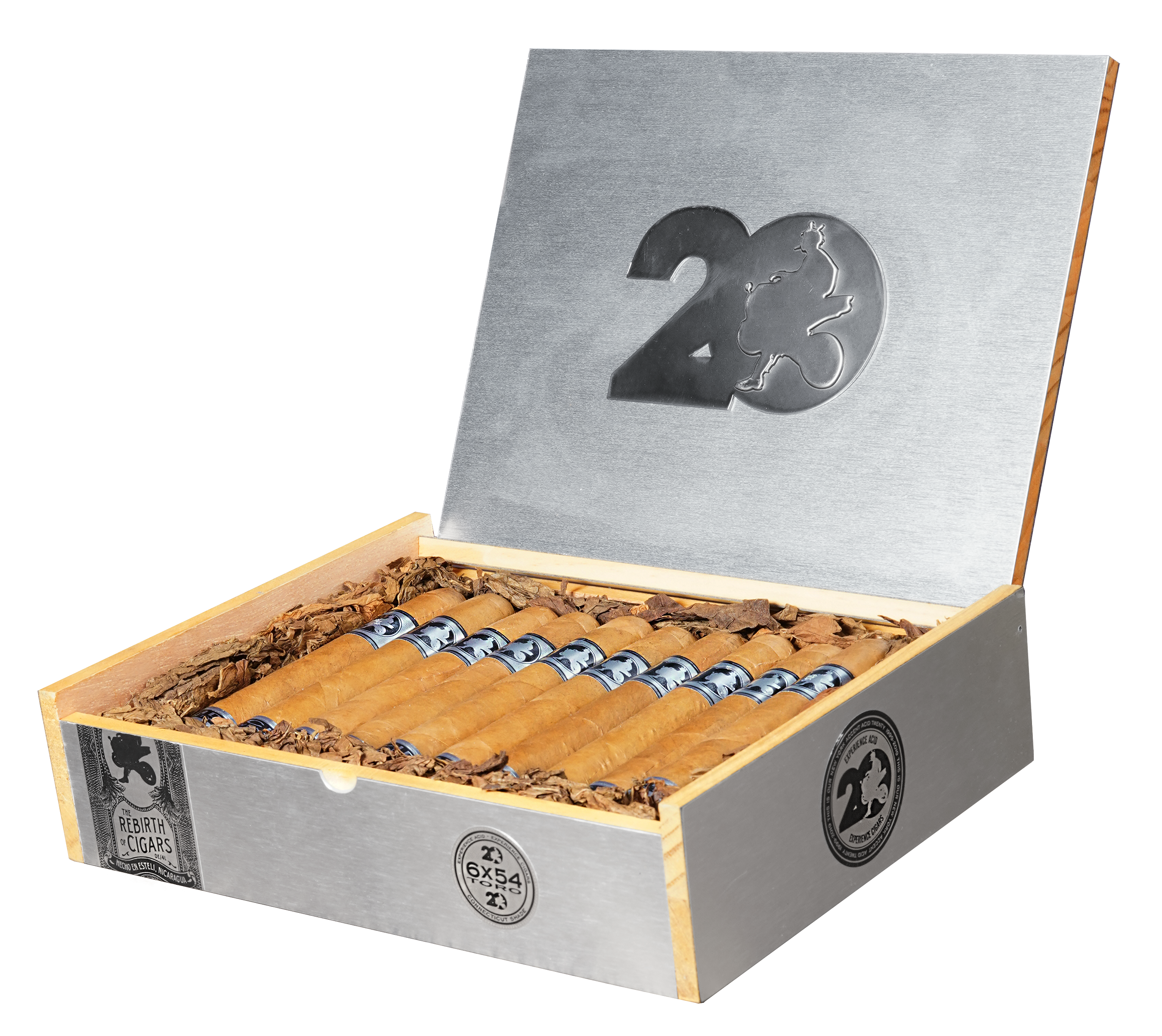 Open silver cigar box with cigars inside on a white background