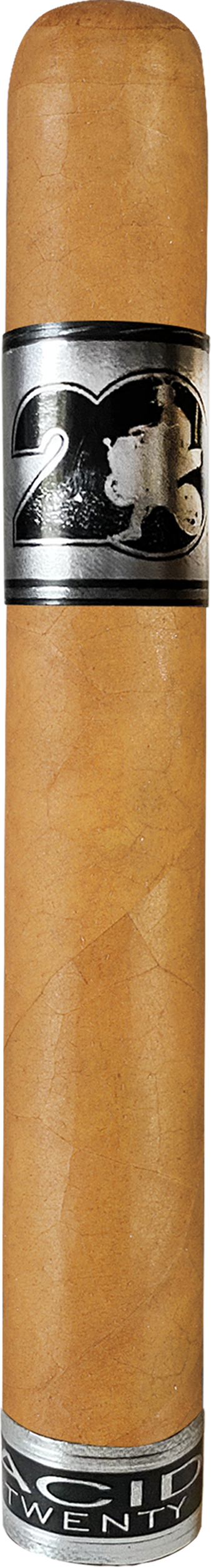 Cigar with decorative band featuring a face design on a plain background