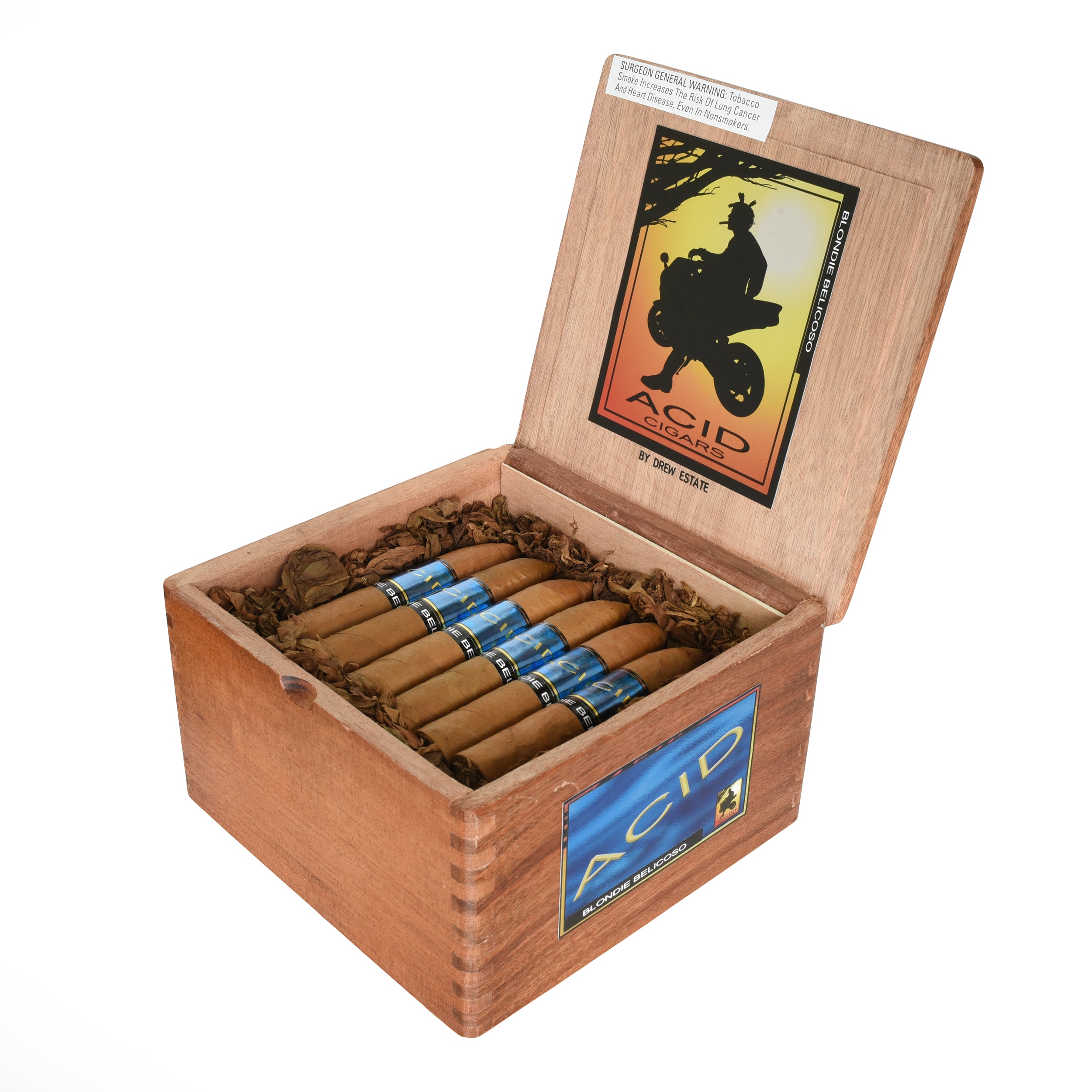 Open wooden box of Acid cigars with cigars visible inside on a white background