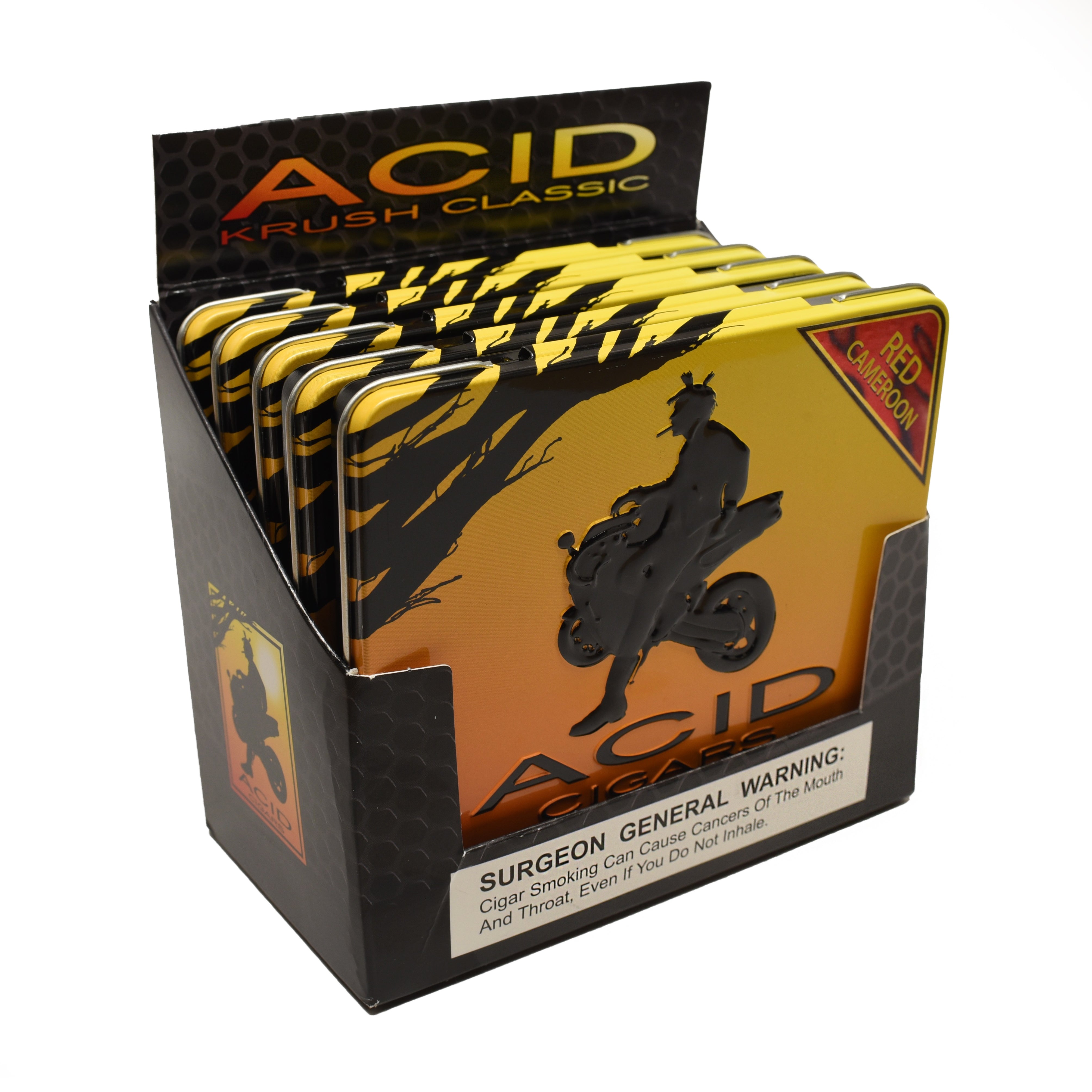 Display box of Acid Kush Classic cigar products with branding and warning label.