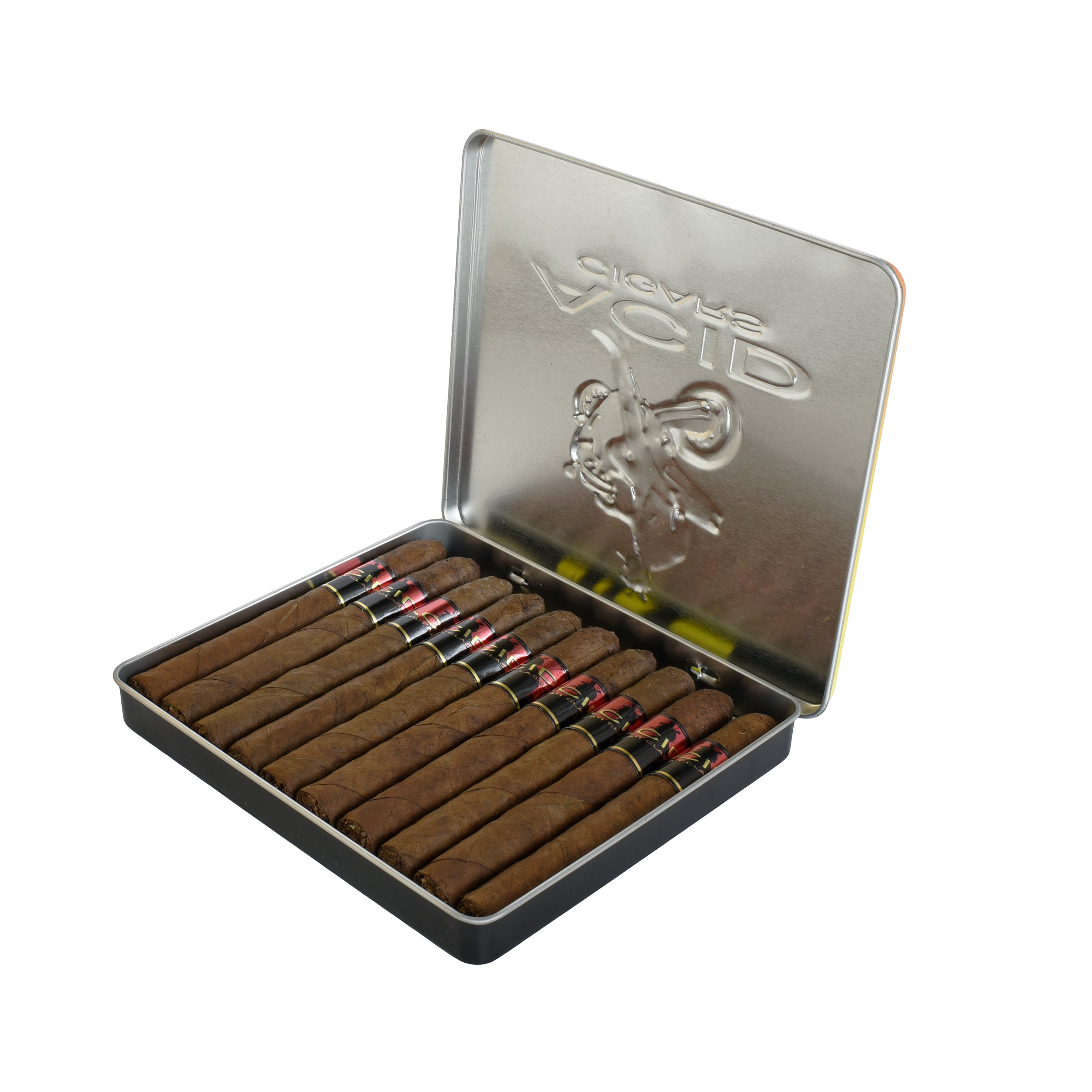 Open silver tin containing cigars on a white background