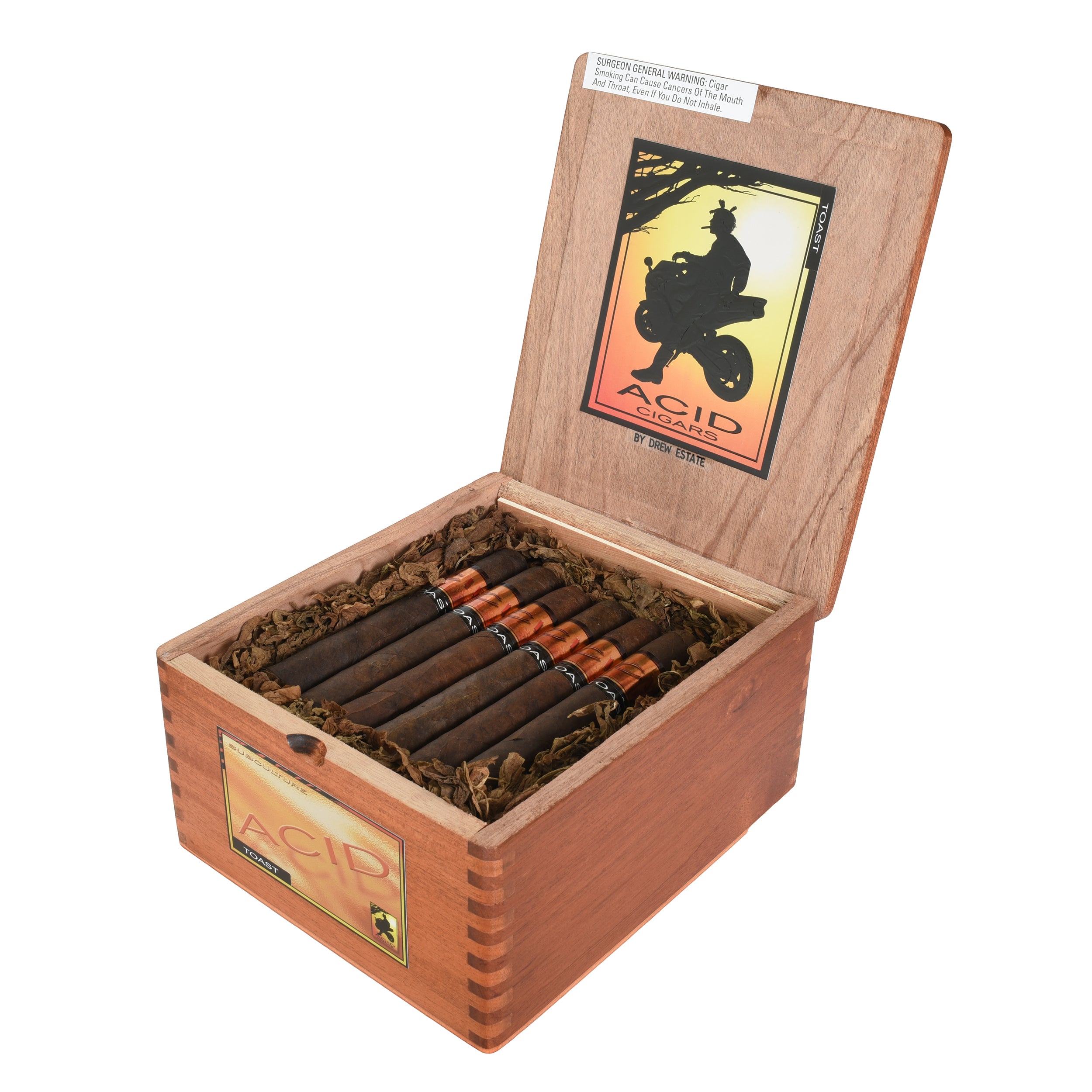Open wooden box of Acid cigars with cigars inside on a white background