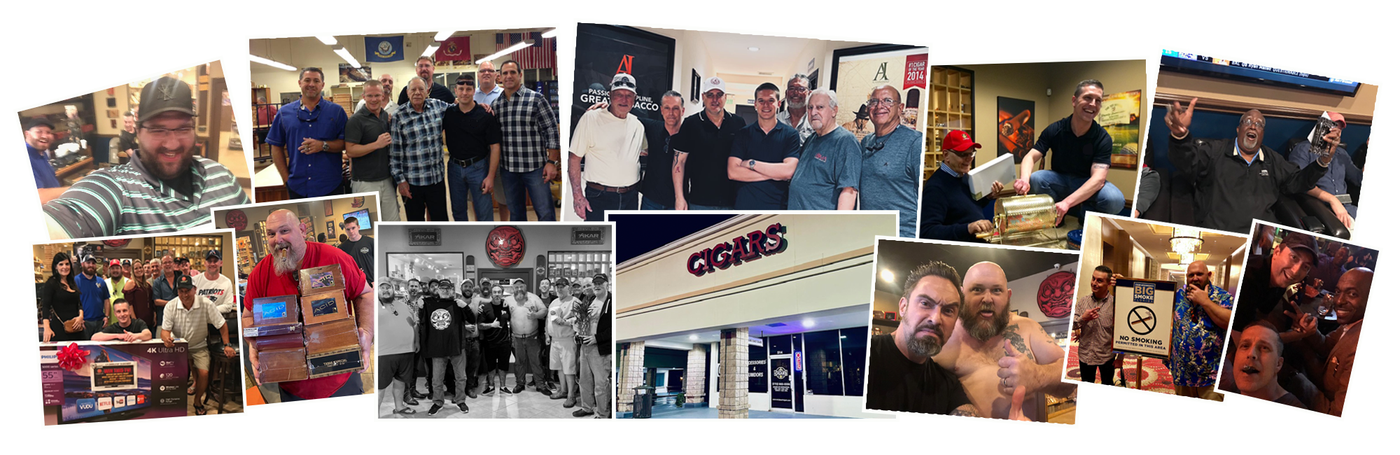 Collage of people in a store with a focus on cigars, featuring various individuals and promotional items.