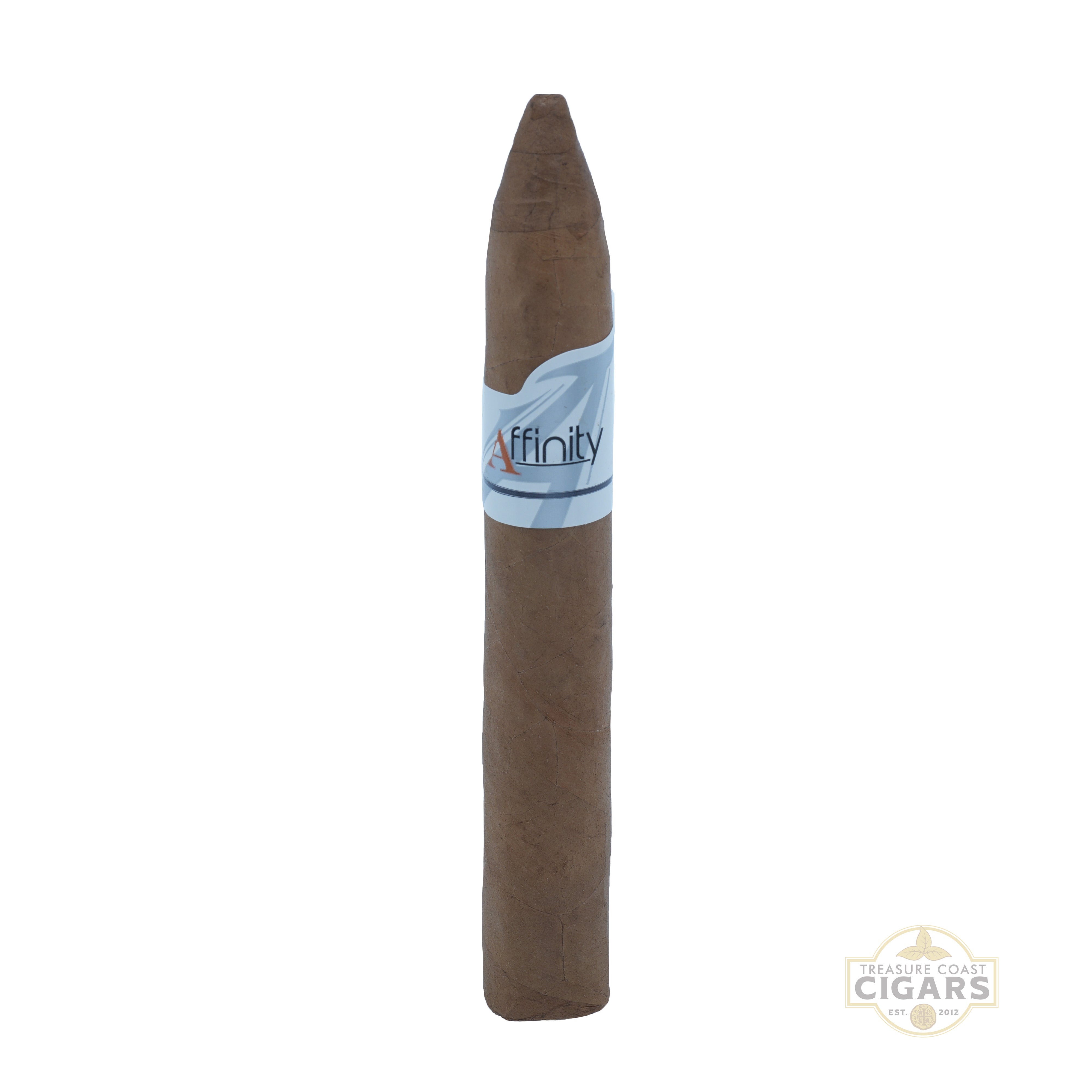 Belicoso Cigar with 'Affinity' label on a white background