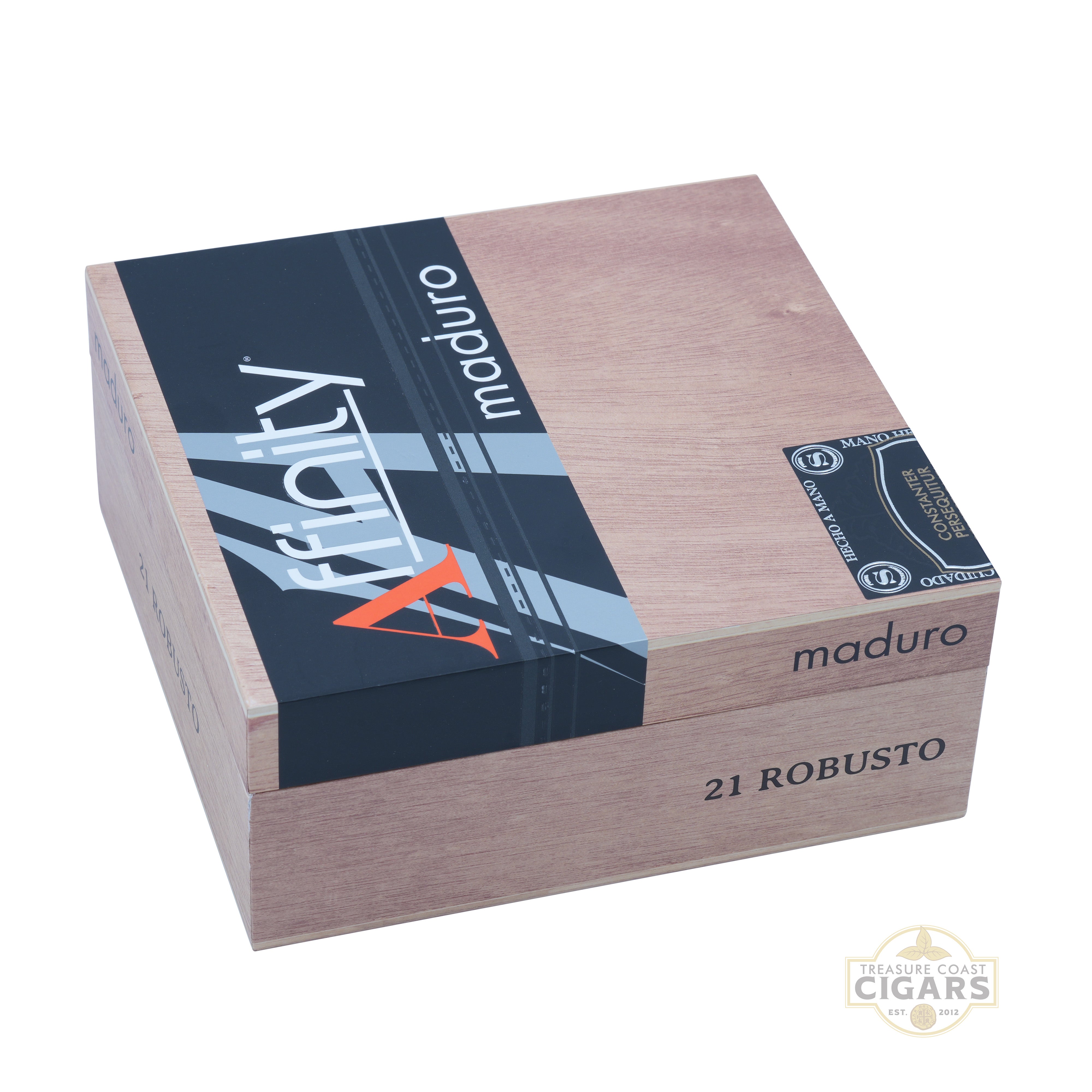 Box of Affinity Maduro Robusto cigars with visible branding on a white background