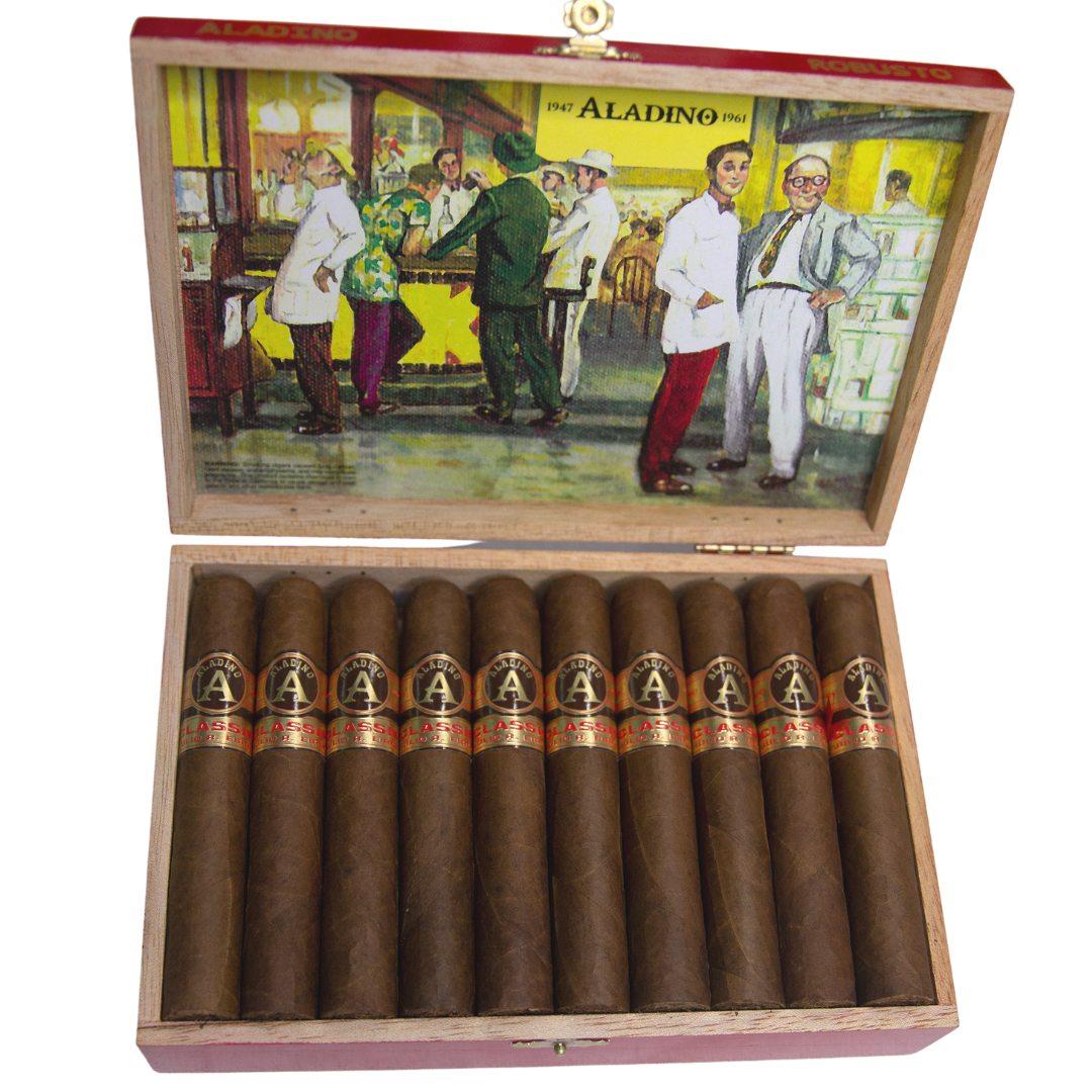 An open wooden cigar box labeled “Aladino” on the lid and “Robusto” on the edge, featuring a colorful illustration inside the lid depicting a vintage scene with people in various outfits, including chefs and workers, set against a yellow background with “1947 Aladino 1961” text. The box contains 20 dark brown cigars, each wrapped with a gold and red band labeled “Aladino Classic.”