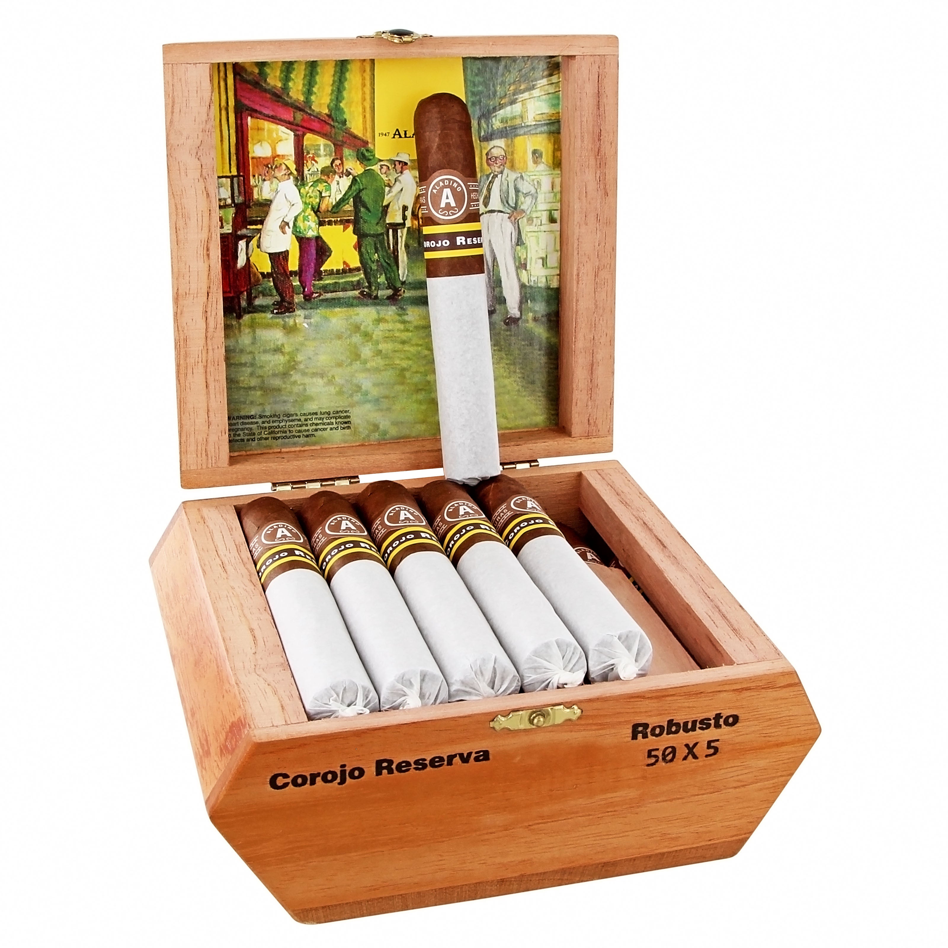 A wooden cigar box labeled "Corojo Reserva" and "Robusto 50 X 5" is open, revealing five cigars wrapped in white paper. The interior lid features a colorful vintage illustration of people in a shop setting, with a yellow awning and green floor. One cigar is standing upright, displaying an Aladino band.
