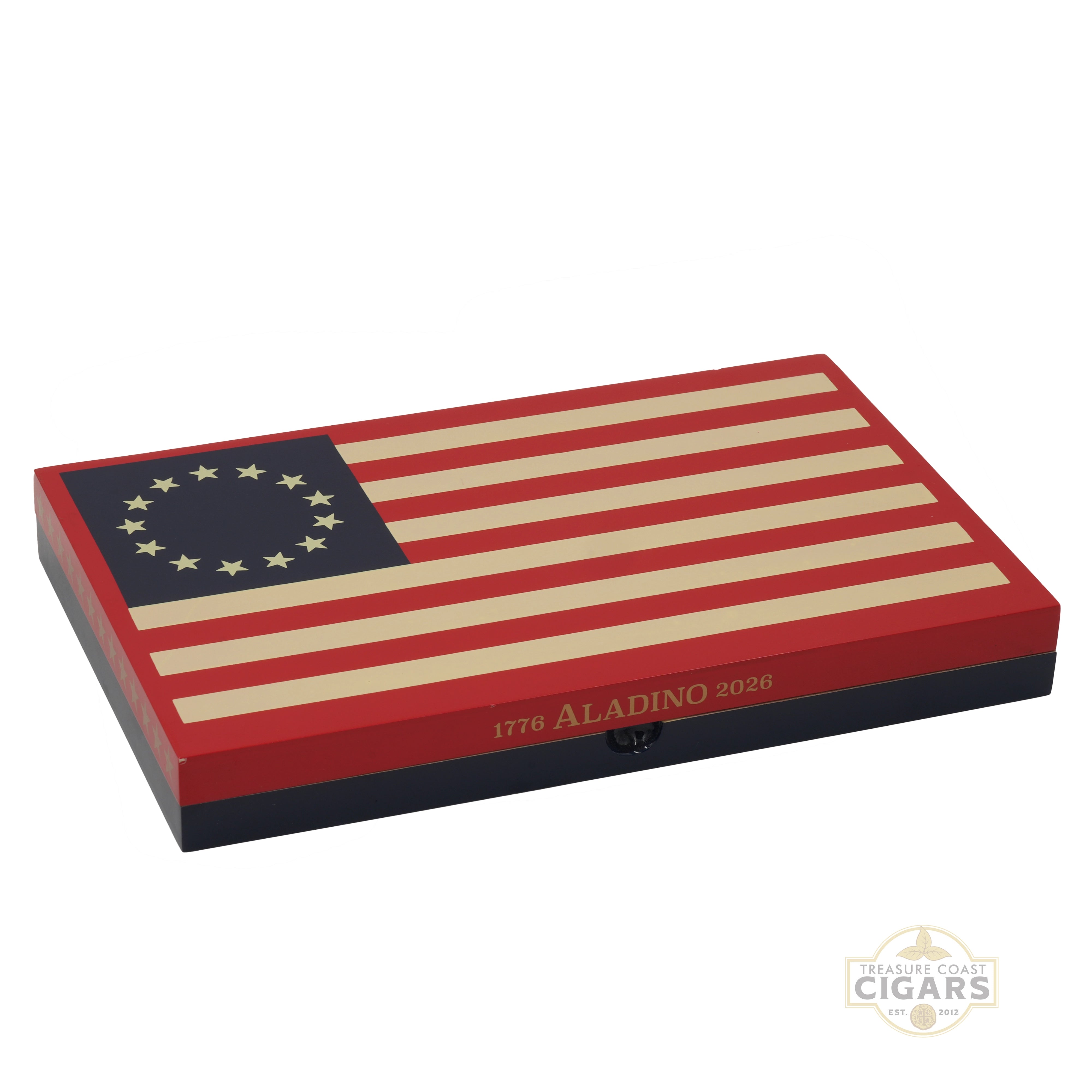 Cigar box with American flag design and 'Aladino' branding on a white background