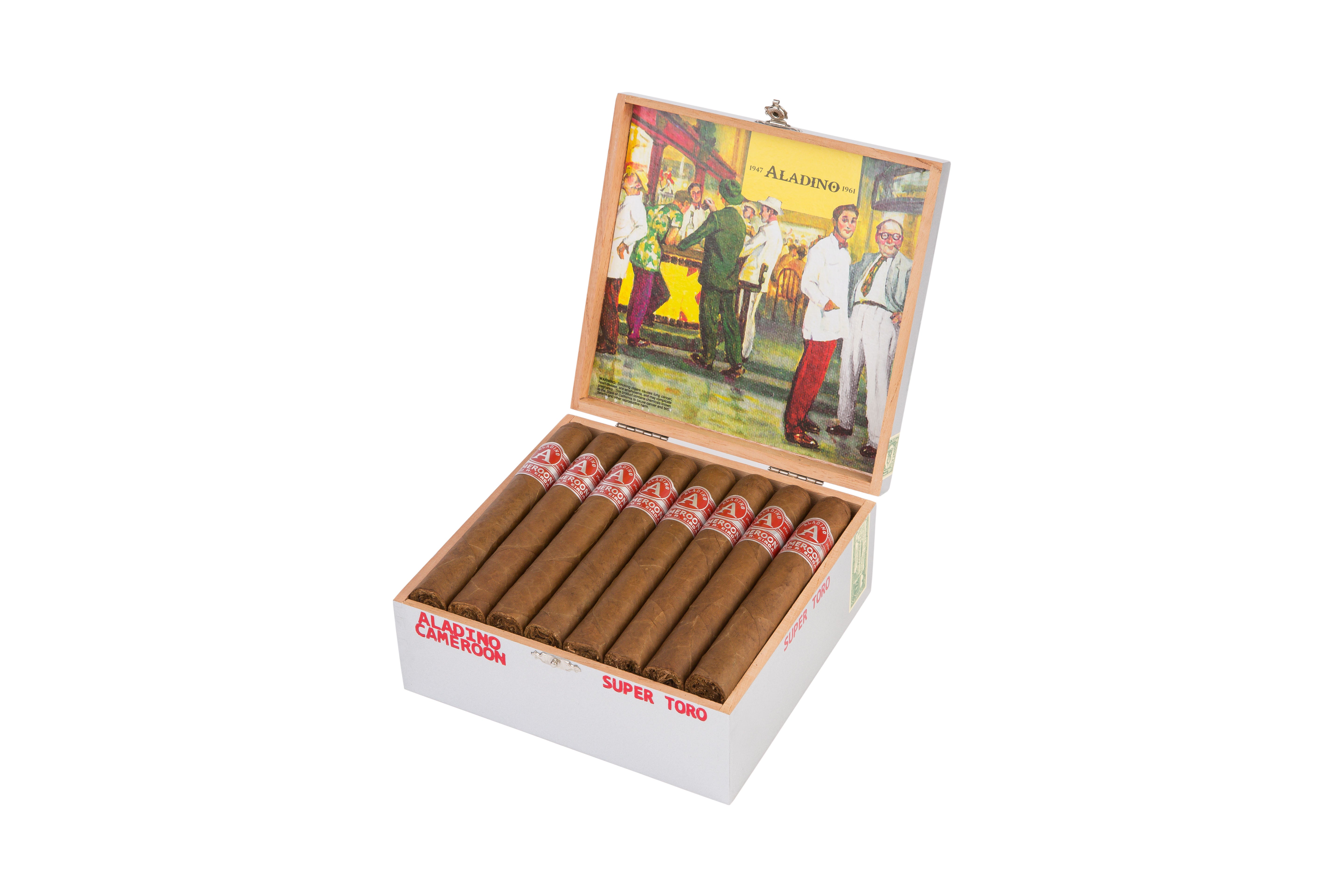Open box of cigars with a colorful label on a white background