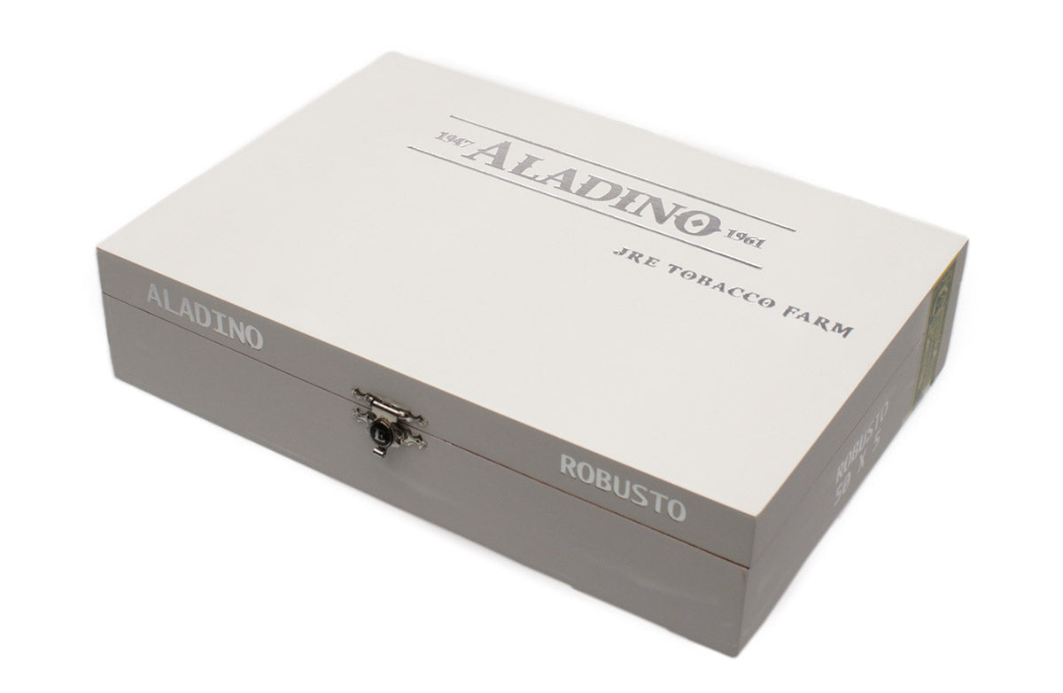Closed white box of cigars with silver Aladino text branding