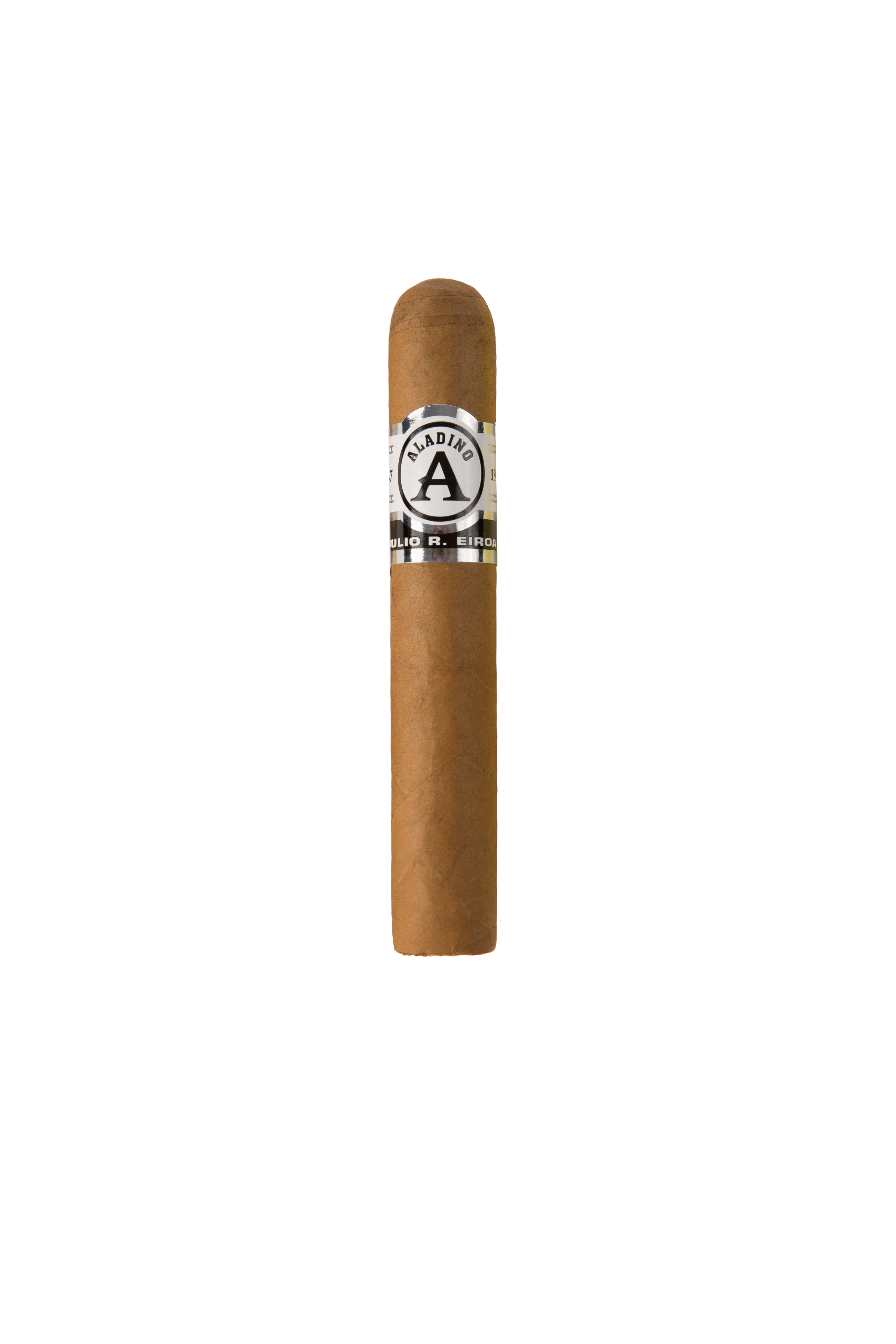 Cigar with a brand label on a white background
