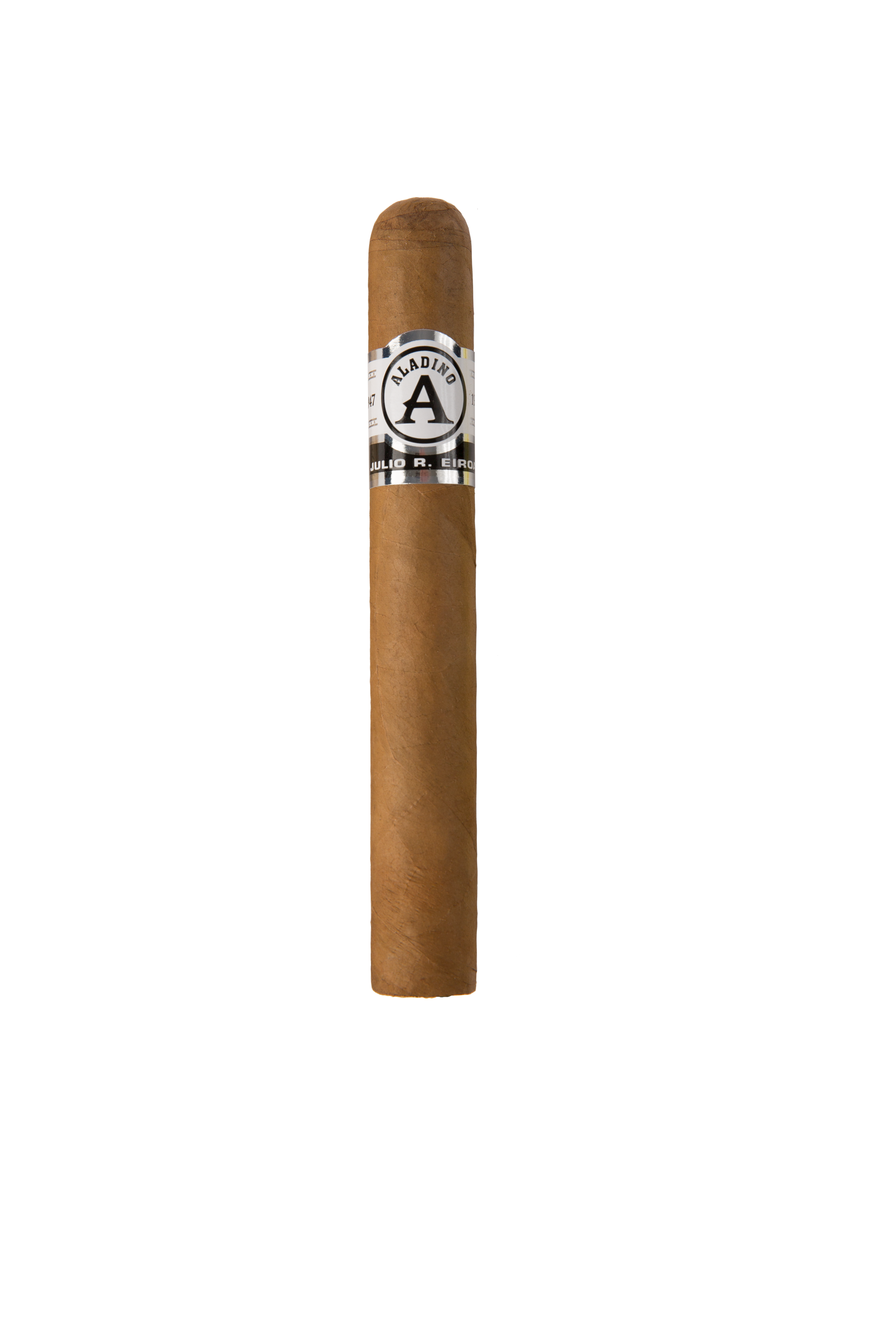 Cigar with a brand label on a white background