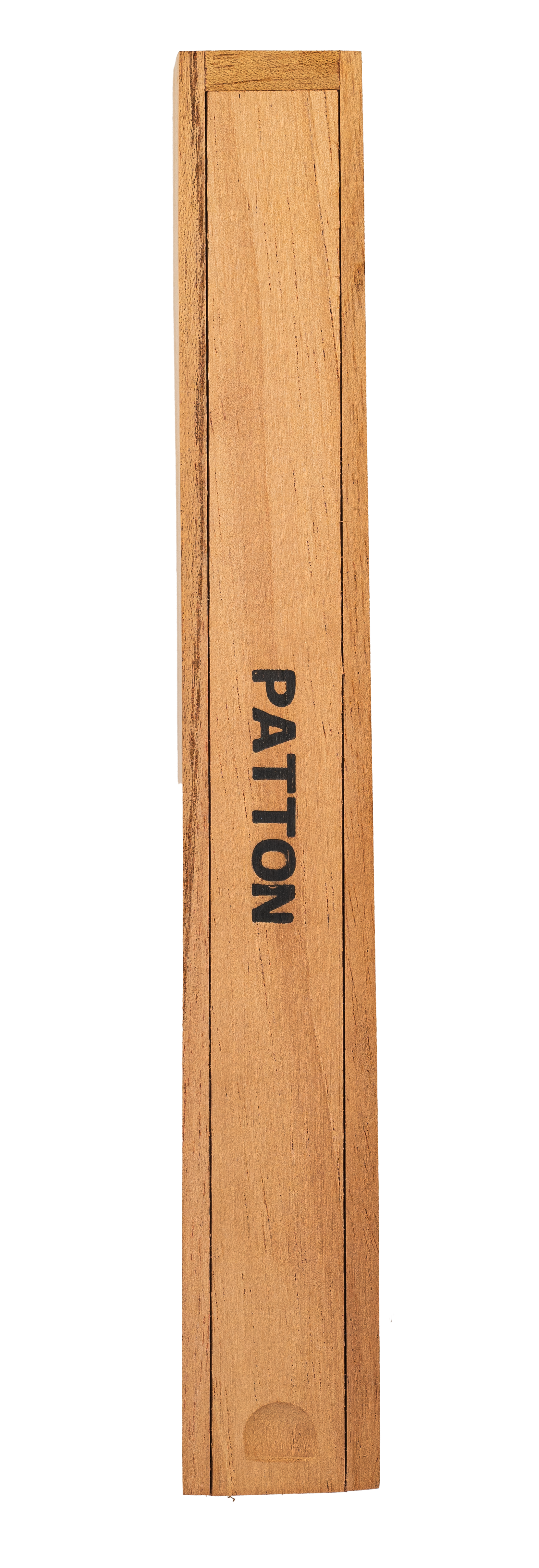 Wooden box with 'Patton' branding on a white background