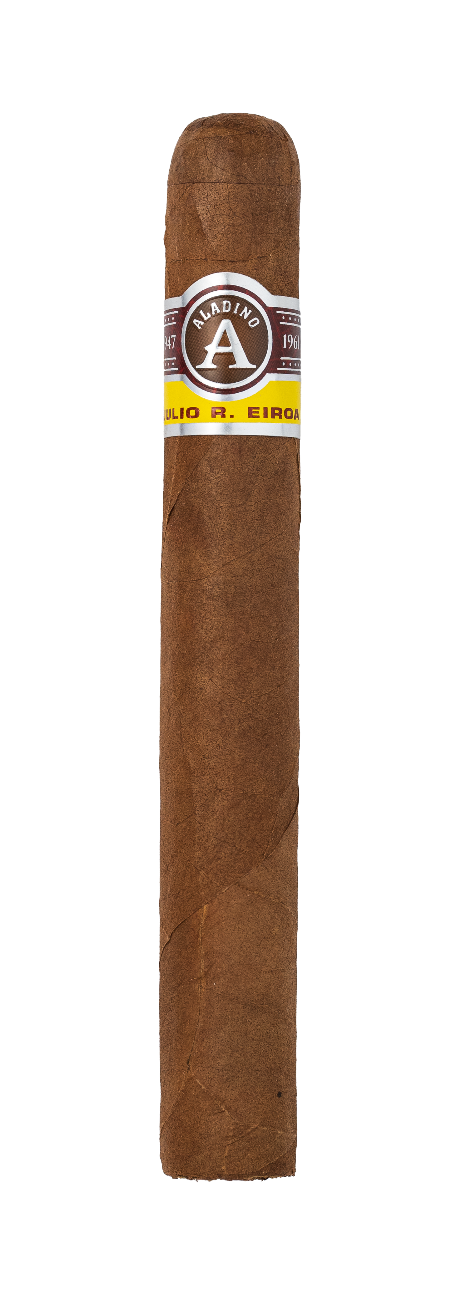 Cigar with a band featuring a logo on a white background