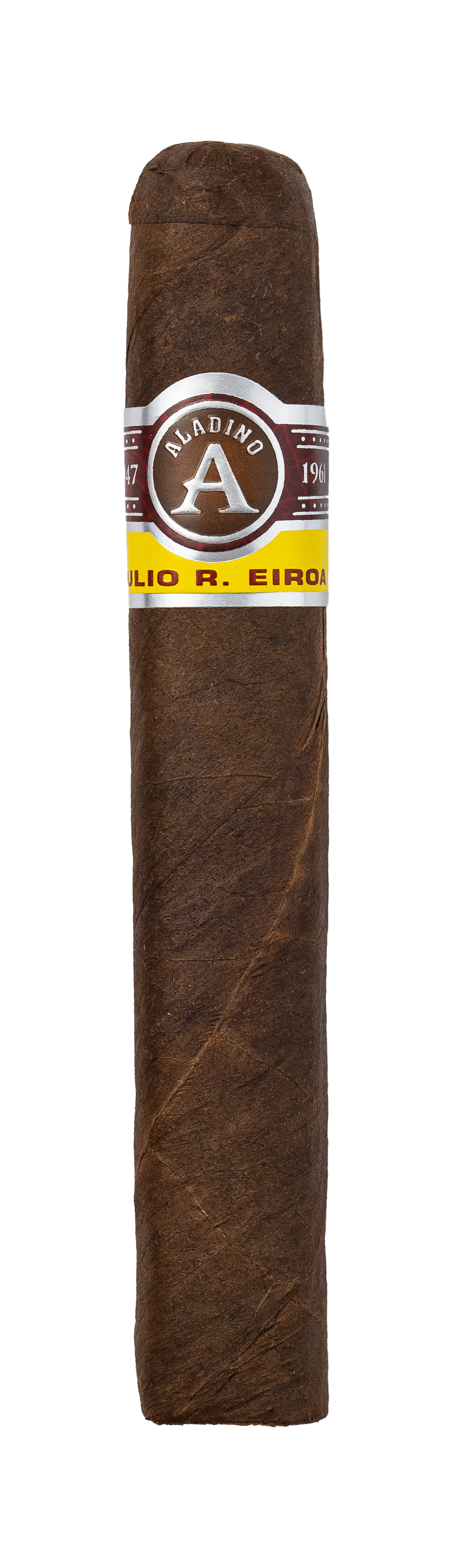 Cigar with a band featuring a logo and text on a white background