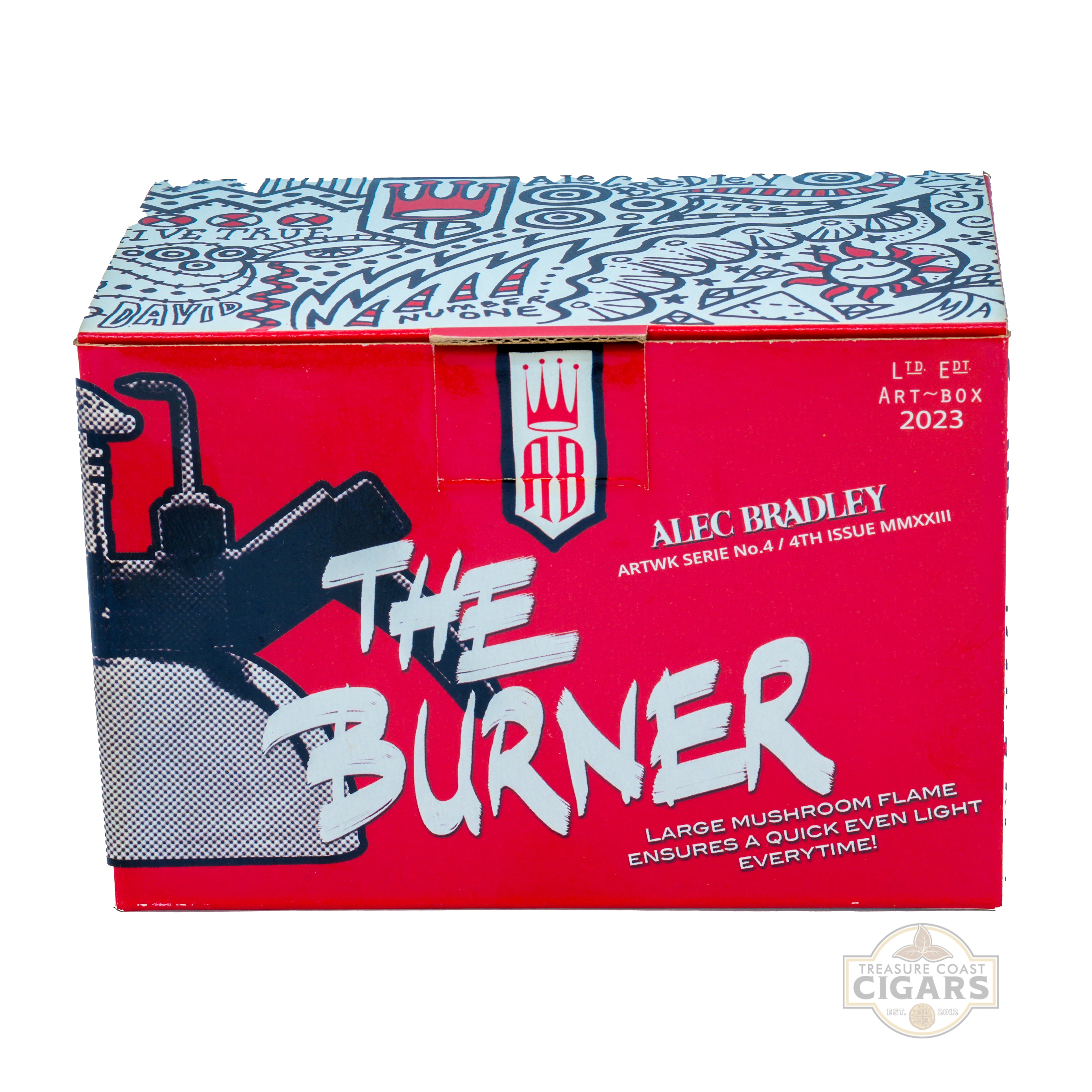 Red box of 'The Burner' with branding and product details.