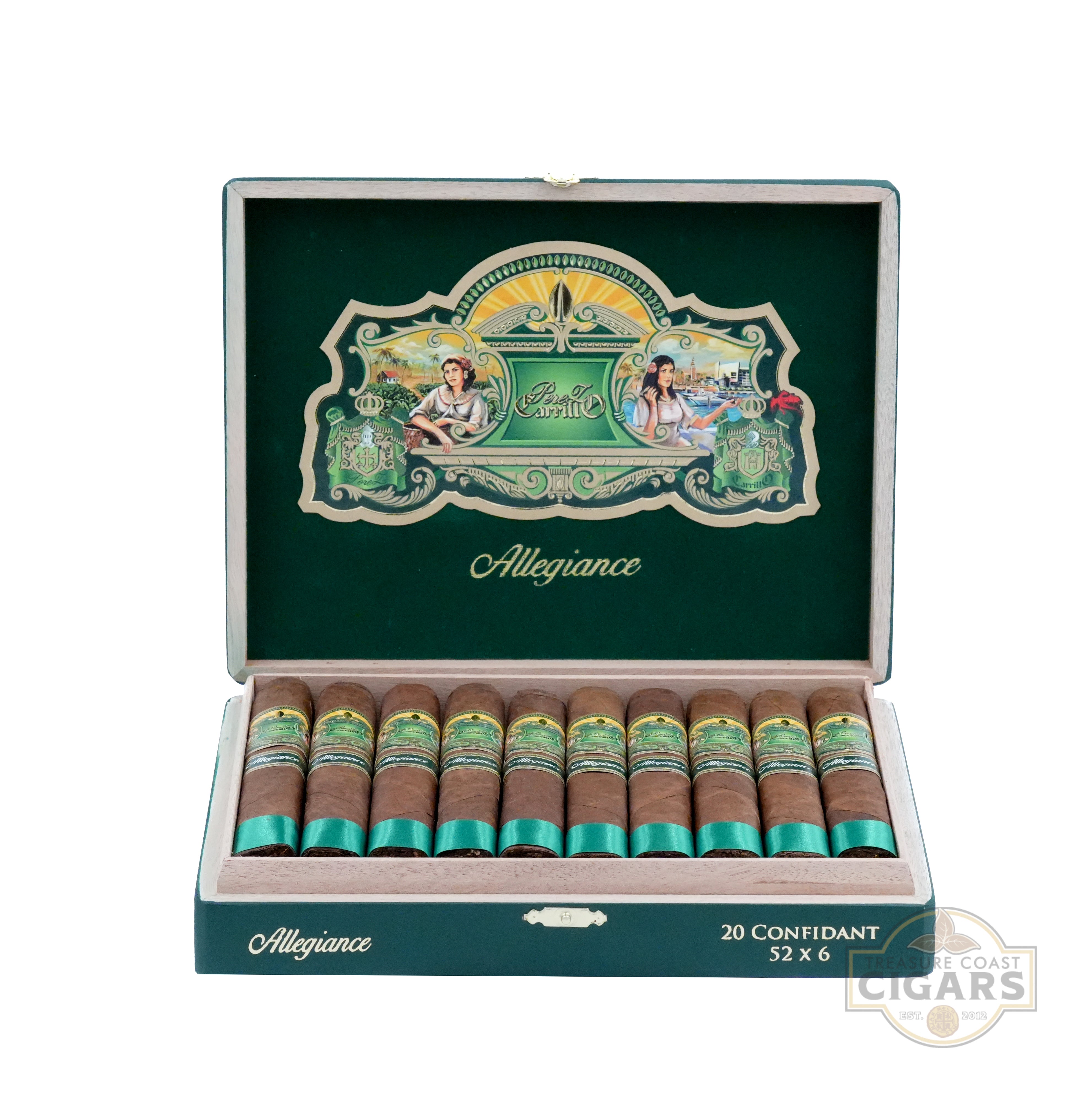 An open cigar box labeled "Allegiance" with a dark green interior and an ornate lid design featuring two women figures, a crown, and a coat of arms. Inside, there are 20 premium cigars with green and yellow bands, each capped with a teal ribbon, arranged neatly in two rows. The box indicates "20 Confidant 52 x 6" and bears the "Treasure Coast Cigars" logo.