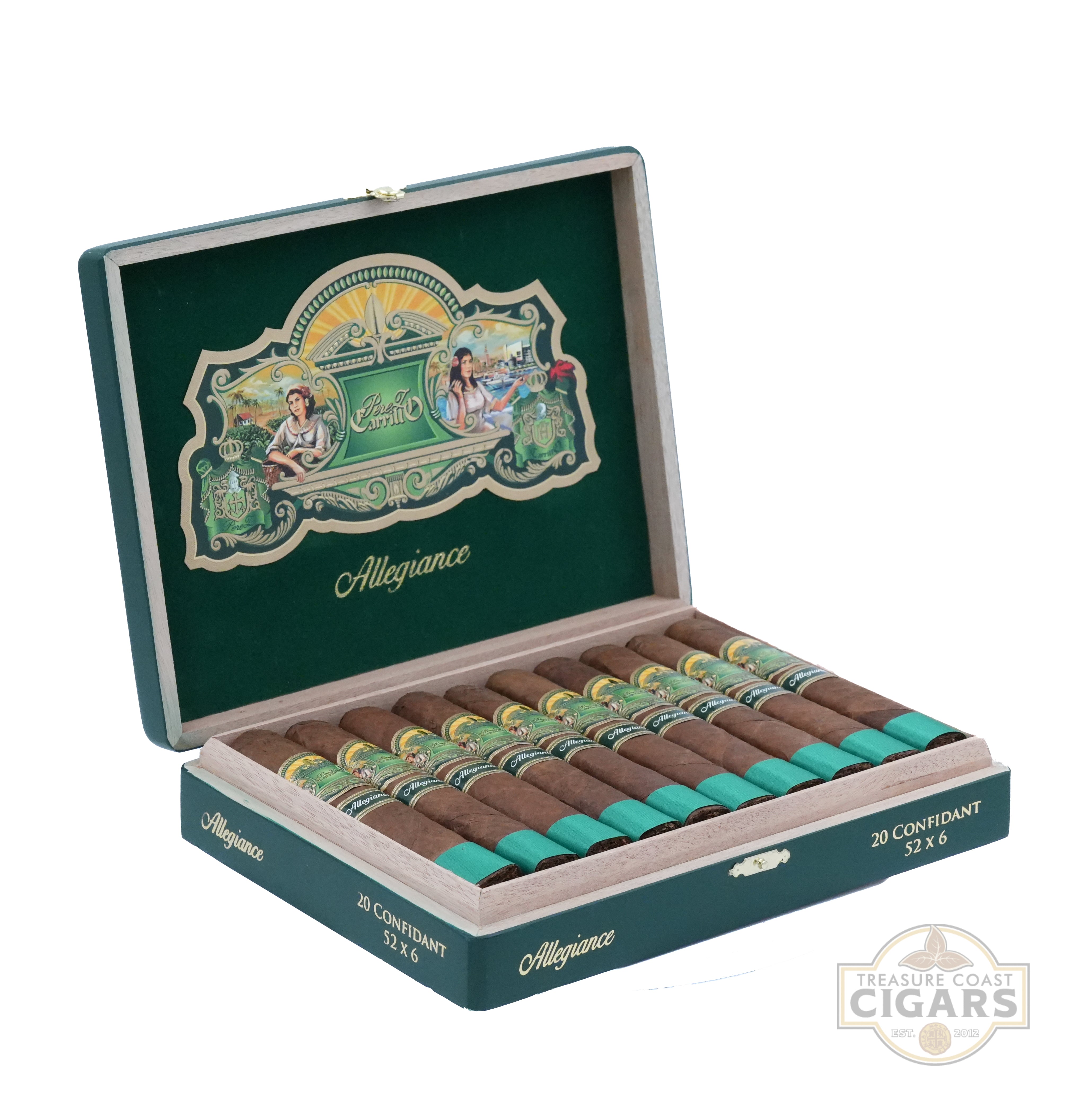 Open box of Allegiance cigars with decorative design on a white background