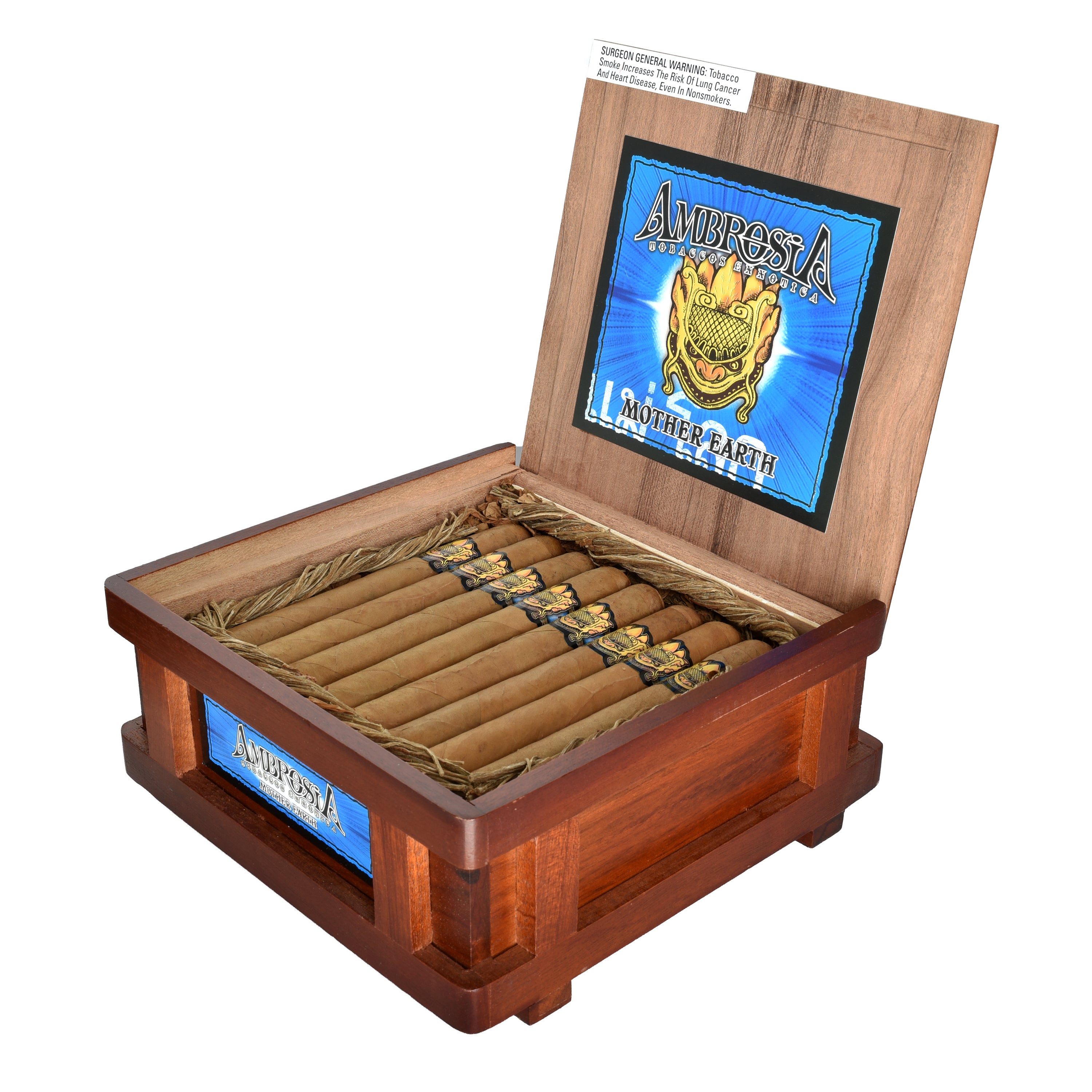 Wooden humidor with cigars and Ambrosia label on a white background