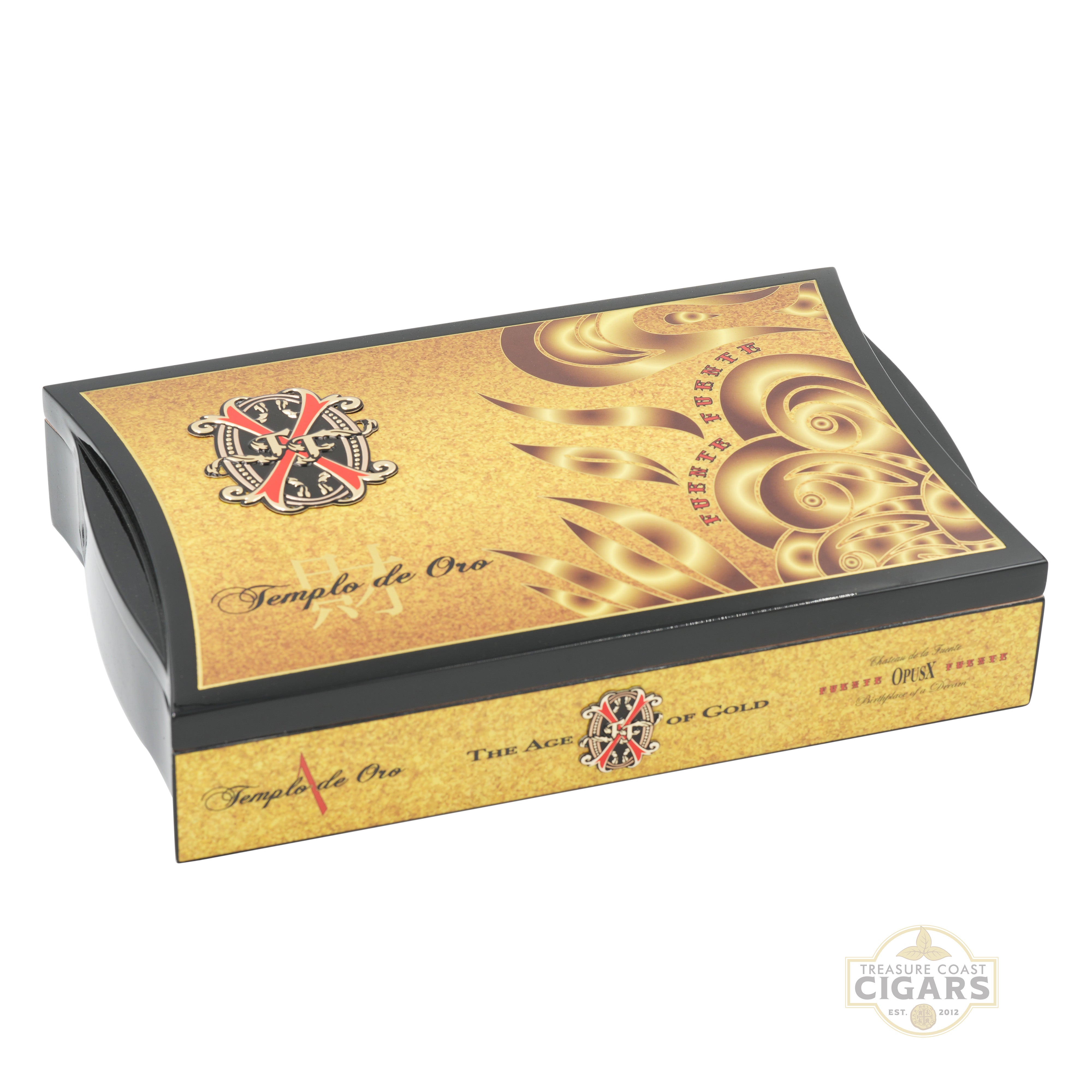 Opus X Templo de Oro cigar box with intricate design and branding on a white background