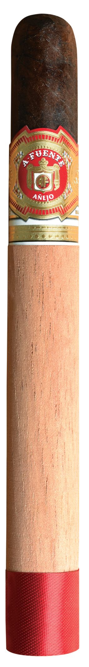 Cigar with a wooden holder and visible brand logo on a white background