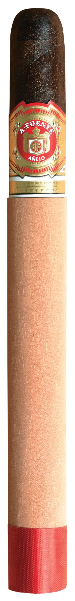 Cigar in a wooden holder with a visible brand label.