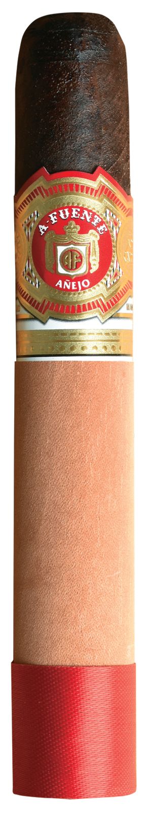 Cigar with a red band featuring a logo and text