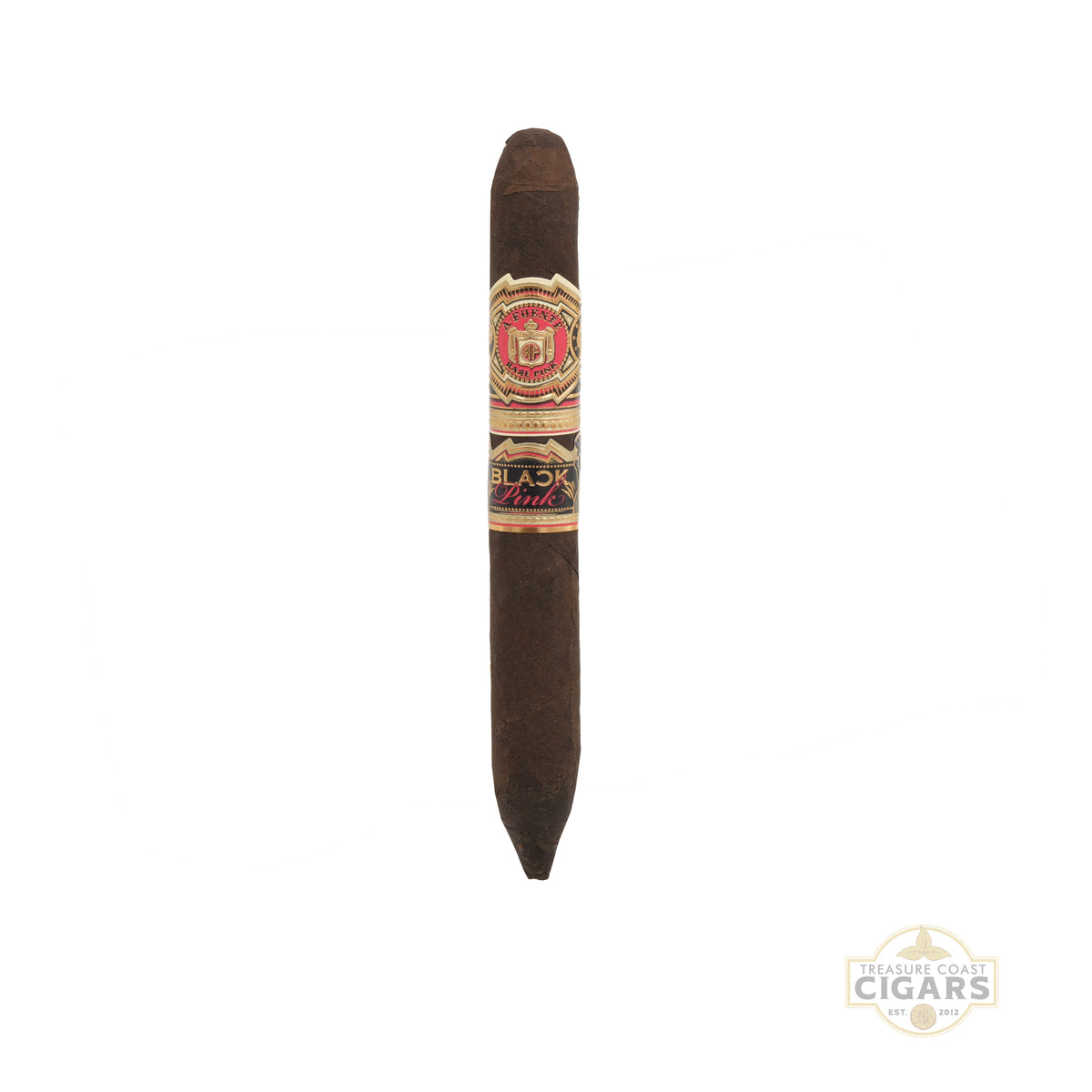 A single cigar with an ornate Black Pink double band on a white background