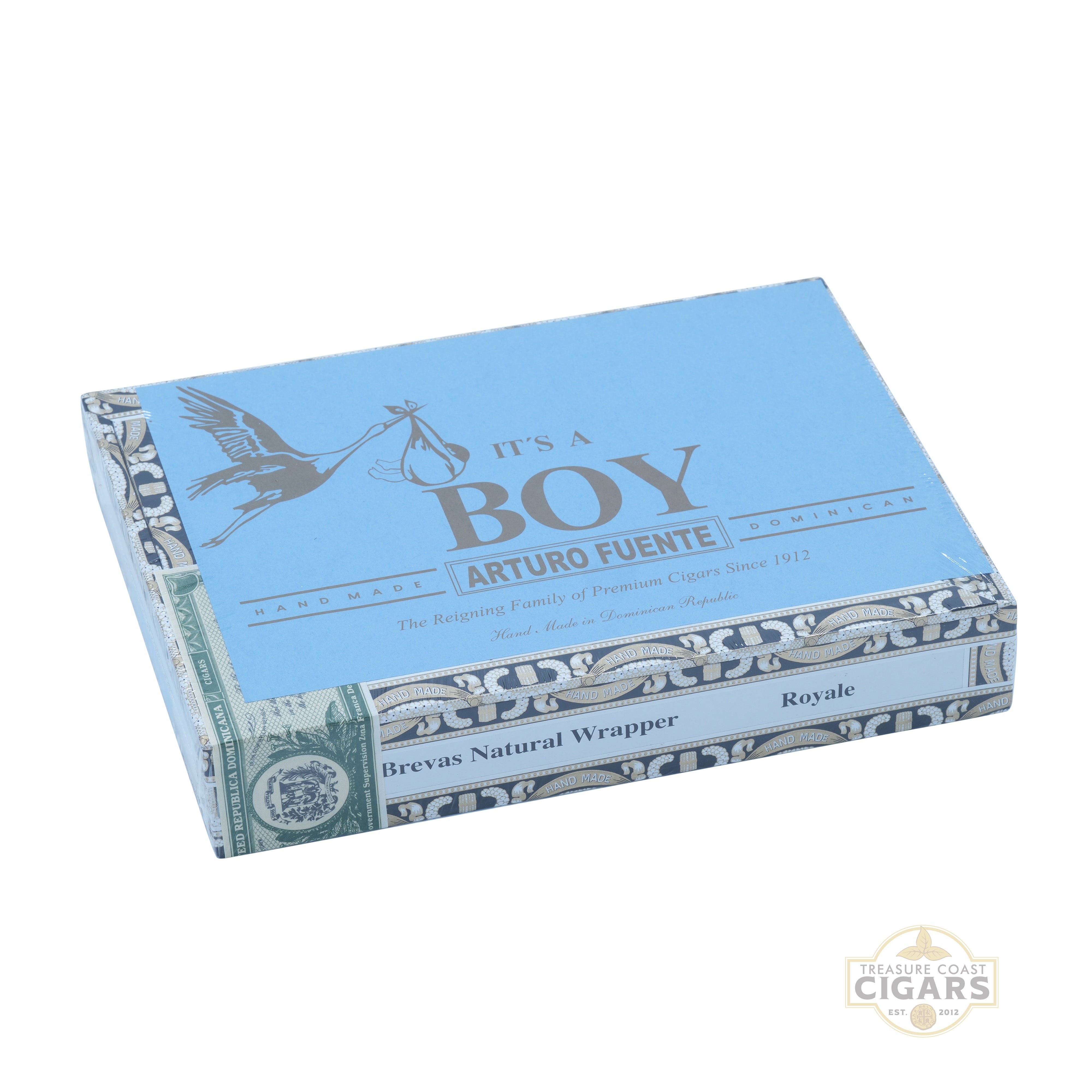 Cigar box with 'It's a Boy' text and Arturo Fuente branding on a white background