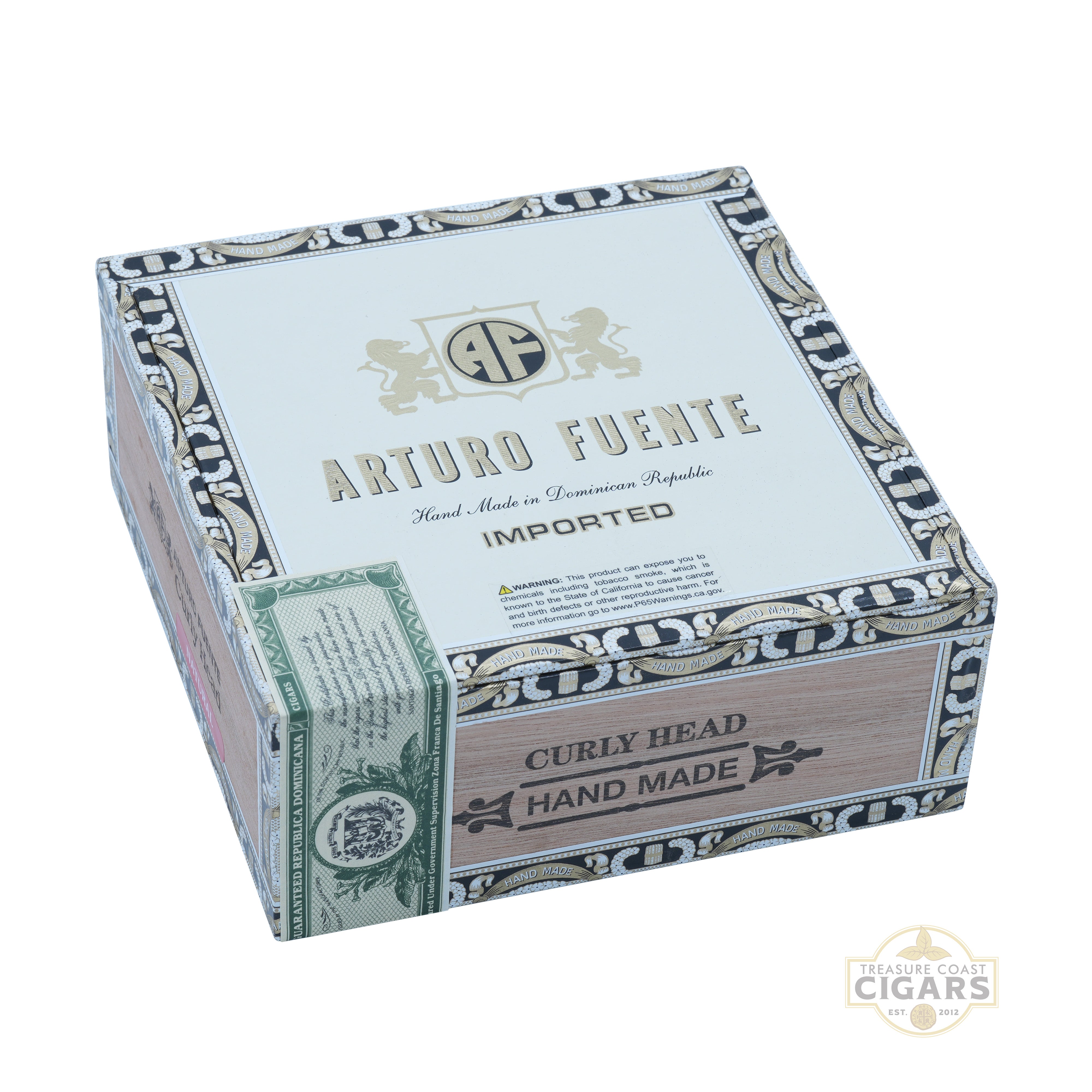 Arturo Fuente Curly Head cigar box with decorative design on a white background
