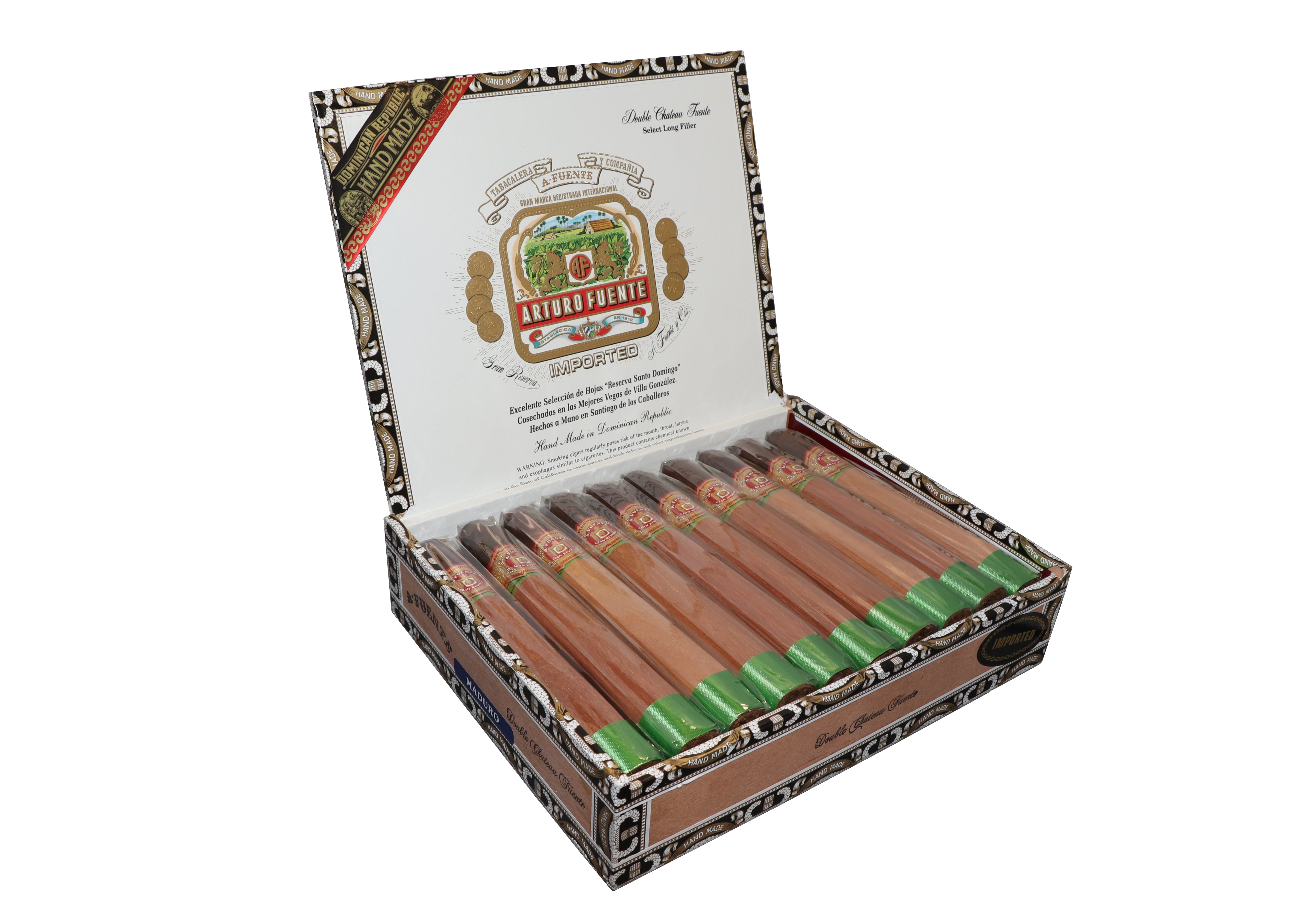 Open box of Arturo Fuente Double Chateau Maduro cigars with a visible brand logo on a white background