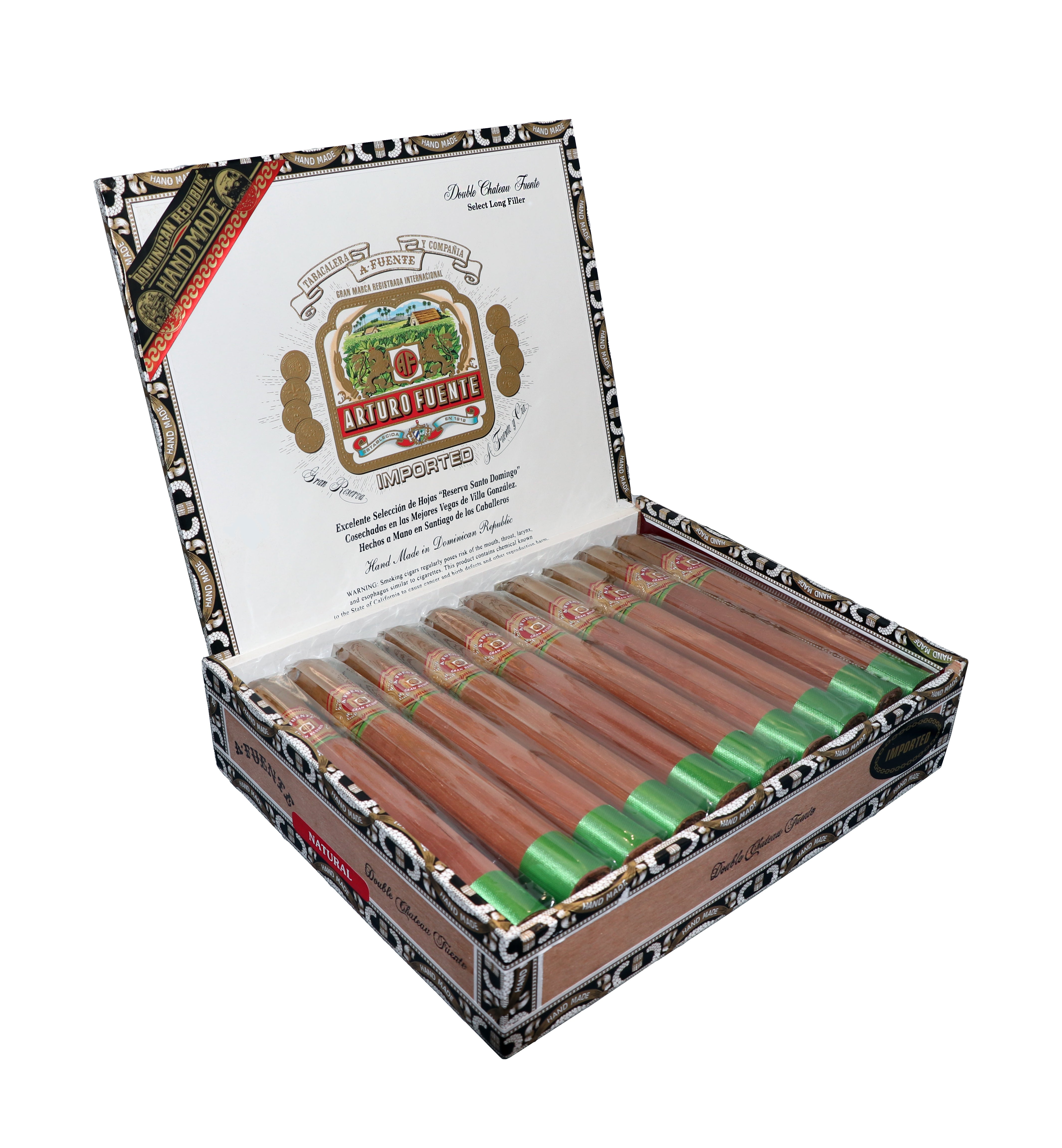 Open box of Arturo Fuente Double Chateau natural cigars with a visible brand logo on a white background