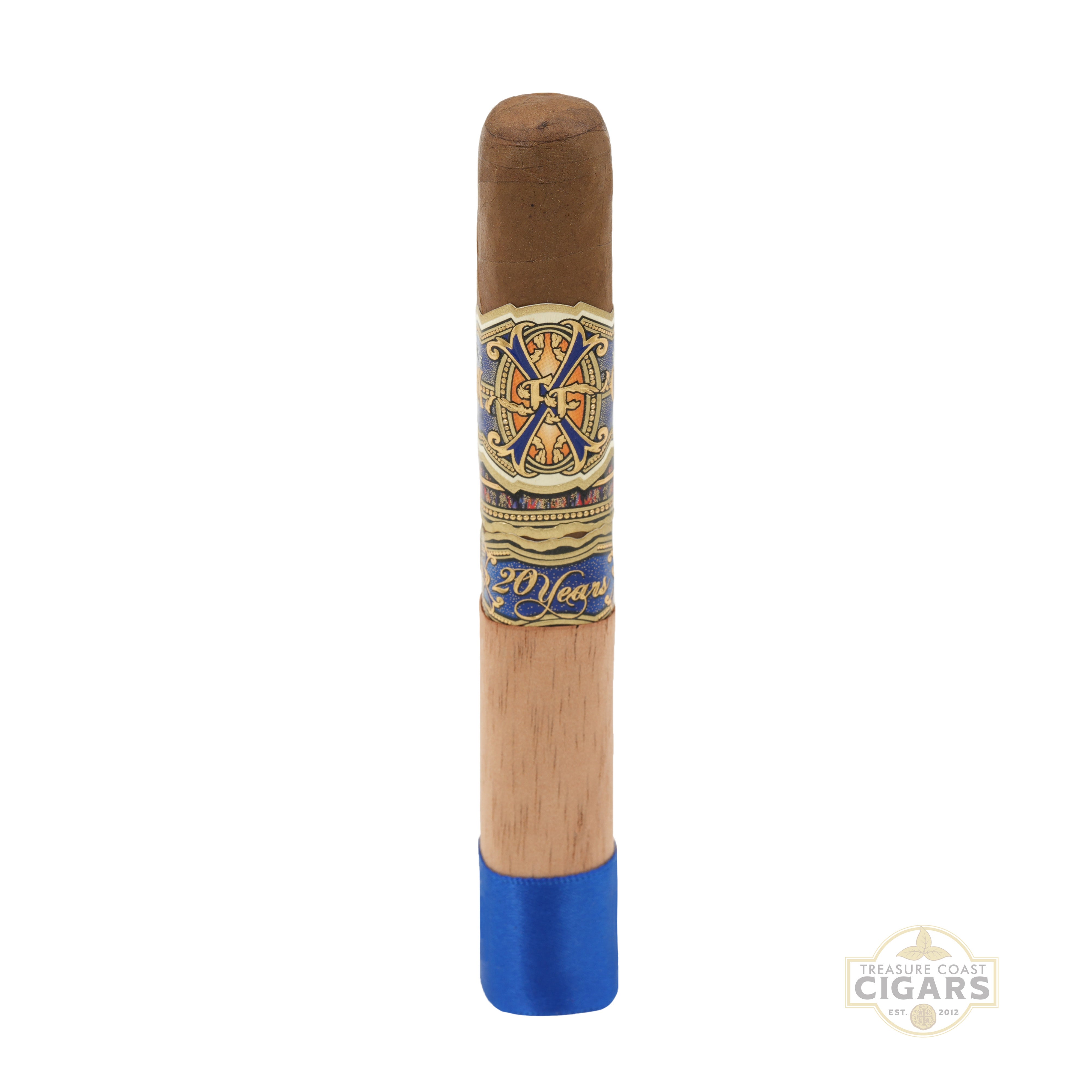 Cigar with decorative band and blue tip on a white background