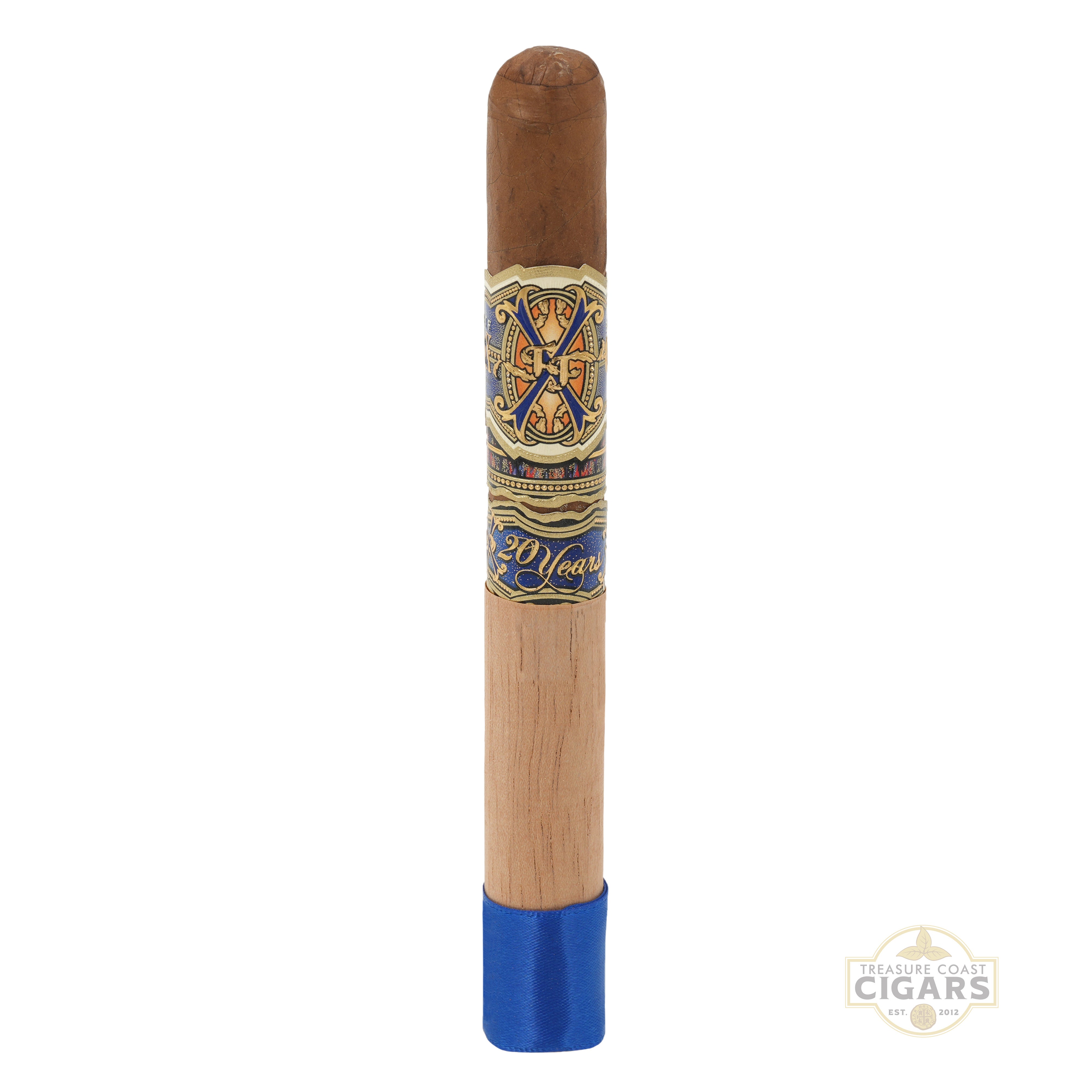 Opus X 20th Anniversary Father and Son Cigar with decorative band and blue tip on a white background